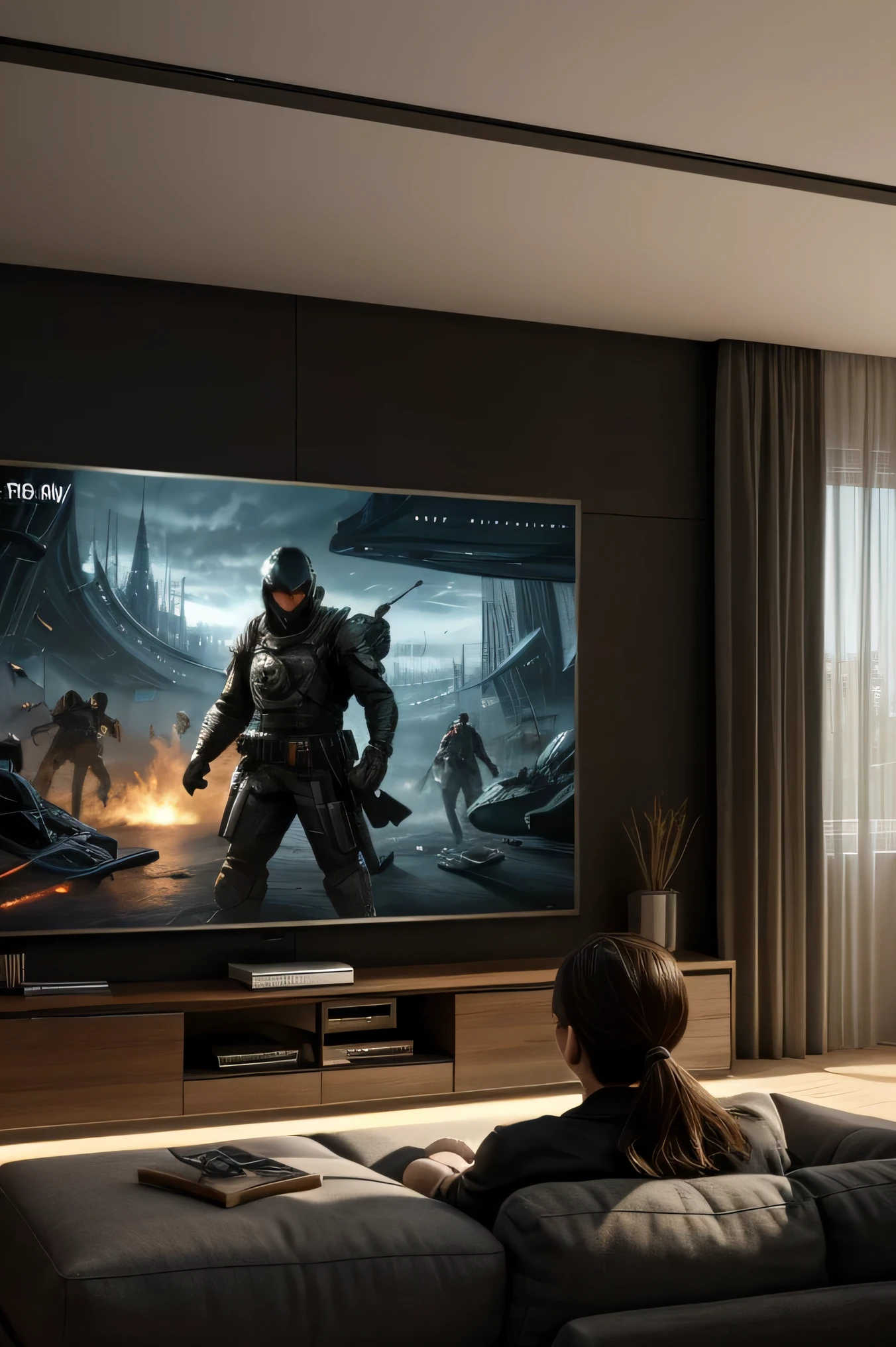 They are watching TV in the living room., 8k resolution concept art, 8k hd concept art, 8k concept art, 8k concept art, Nvidia promotional pictures, 8K resolution artwork, 8K resolution artwork, 8k photo, video game digital art, 8K high-detail concept art, Ultra-realistic 8k