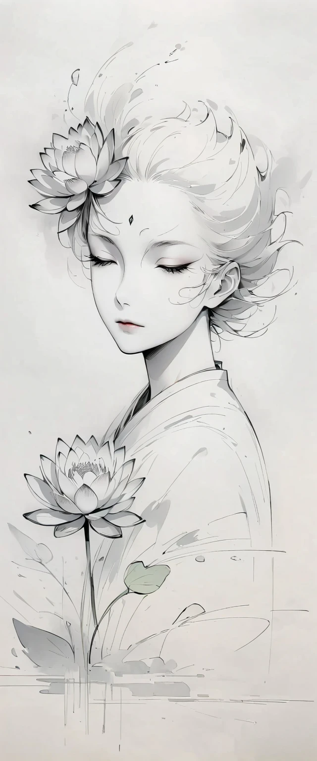 (Anime line drawing:1.5),(black and white painting:1.45),Minimalism,(line art:1.6),sketch,Charcoal drawing,mask,lotus
