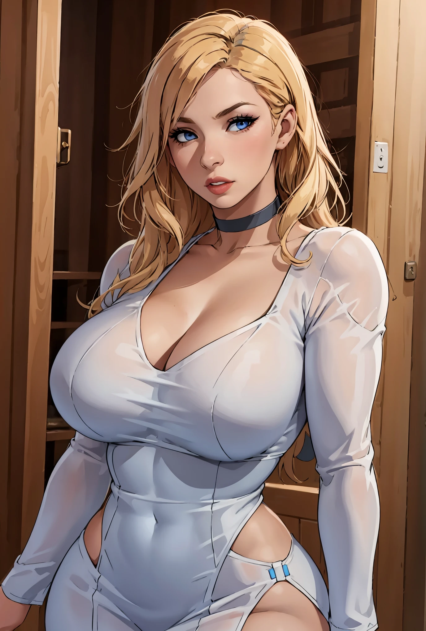 (best quality,highres),(realistic:1.37),(portrait),(studio lighting), ,solo mature woman,curvy, giant breasts, giant ass,straight strawberry blonde hair, dusty blue eyes,full lips, seductive, choker, dress as a cop