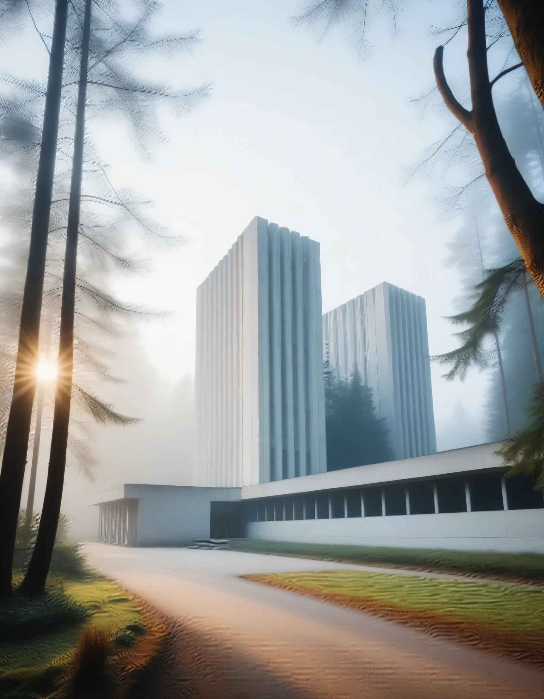 University campus located among dense coniferous forest, the facade is made in the style of Soviet brutalism made of white stone. Photo taken early in the morning, there is fog and light sunlight in the forest. There is no one in front of the university. photo taken with an old camera