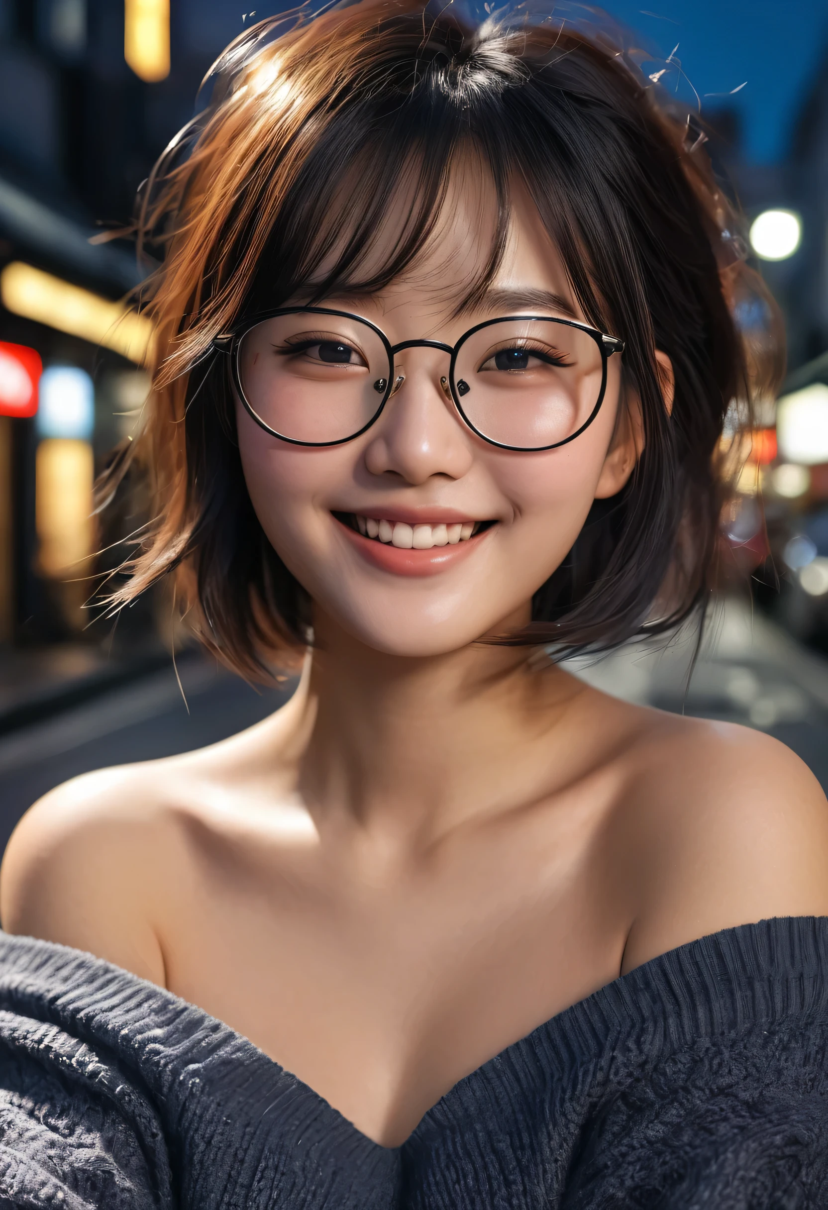((fille japonaise)),mignon, 18 ans,1 fille, rue de Tokyo,nuit, paysage urbain,city lights, ((face Fermer up:1.5)),((Un sourire montrant des dents blanches)),((Cheveux courts noir de jais))Fermer, 8K, Photo brute, la plus haute qualité, chef,Fond d&#39;8k screen, Photo brute, best quality, Ultra-detailed, Très haute résolution, Realistic, Realistic, very detailed RAW photo, photographie professionnelle, finely detailed, very detailed face, extremely detailed eye, highly detailed skin, Highly detailed fingers, Very detailed nose, Very detailed palate, anatomie parfaite, very detailed background, Realistic body, Bonne figure, blown hair, cheveux moyens, visage mignon, Sourire heureux, gros seins, (lunettes rondes), (off-the-shoulder knit), high angle shot, swept bangs