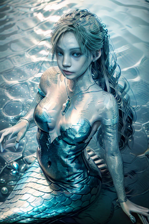 long hair shiny,mermaid under water,mermaid ears, fish scales silver,sparkly scales,under water background,light reflection from above,fantasy,necklace,pearls,