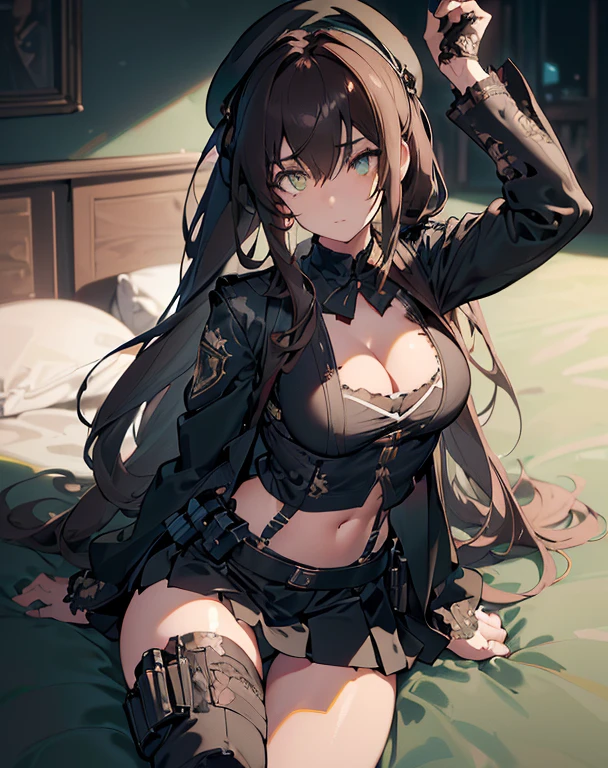 ubel,dark green hair,long hair,side ponytail,hair between eyes,bangs, (beret, black jacket, open clothes, cleavage, midriff, (Make the subject look three-dimensional with the contrast of light and shadow),Cute and beautiful 22yo girl,(masterpiece:1.2), best quality, high resolution, unity 8k wallpaper, (illustration:0.8), (beautiful detailed eyes:1.6), extremely detailed face, perfect lighting, extremely detailed CG, (perfect hands, perfect anatomy),Brown hair,watching at viewers,black suspenders,(Bulging ,big breasts:1.1),tacticul jacet,Black miniskirt,garters,Gaze,Small face,bangss,holster,Belt Armament,Beautuful Women srestrained,hands up,sitting in bed,Leg holster ,Gaze,black boots,panty shot