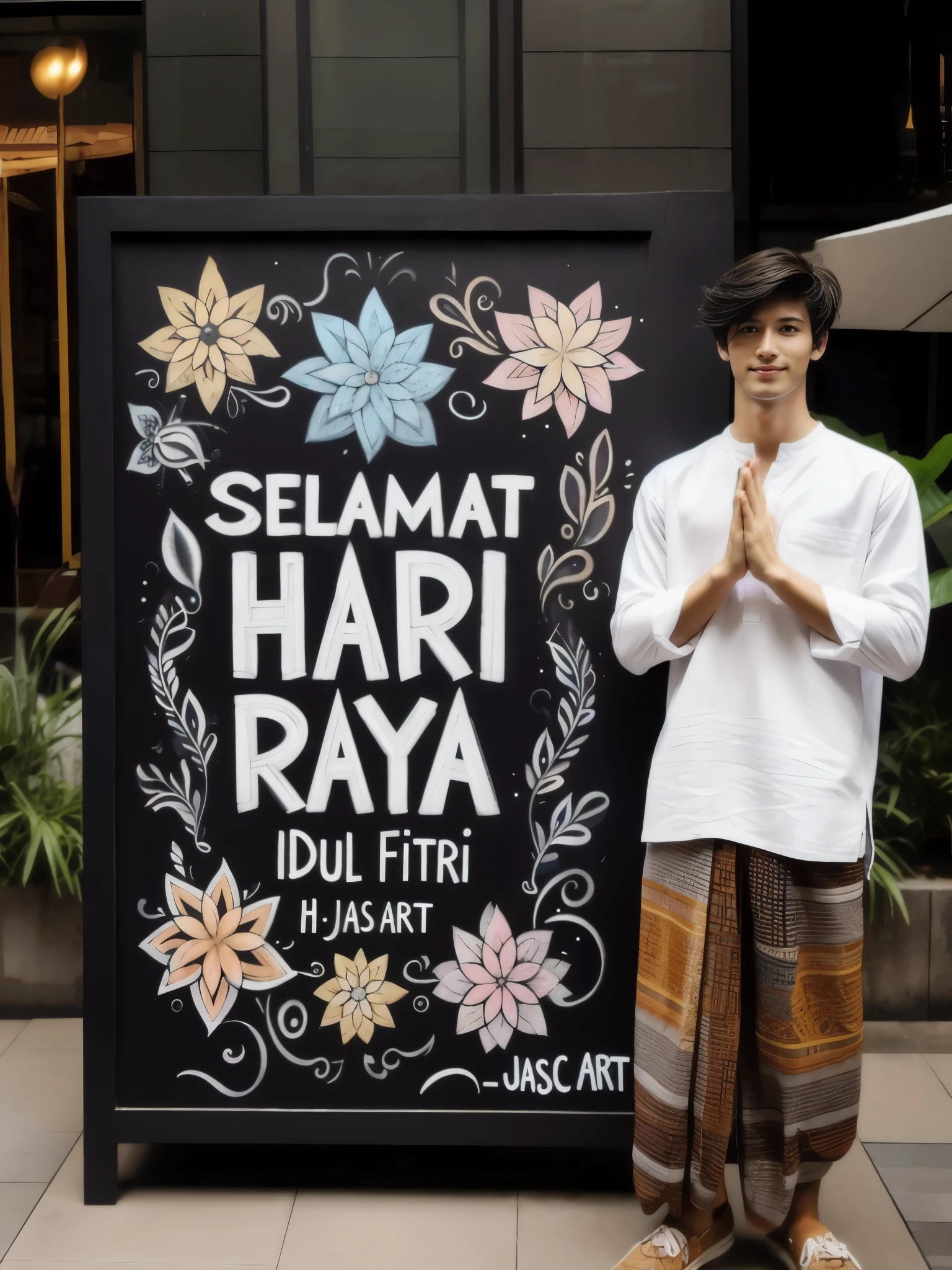 there is a man standing in front of a sign with a sign saying selamat hari raya, inspired by Ismail Acar, inspired by Basuki Abdullah, dital painting, inspired by Sasha Putrya, professional artist, realism art, inspired by Fathi Hassan, inspired by Naza, digital artist, inspired by Jacob Pynas, inspired by I Ketut Soki