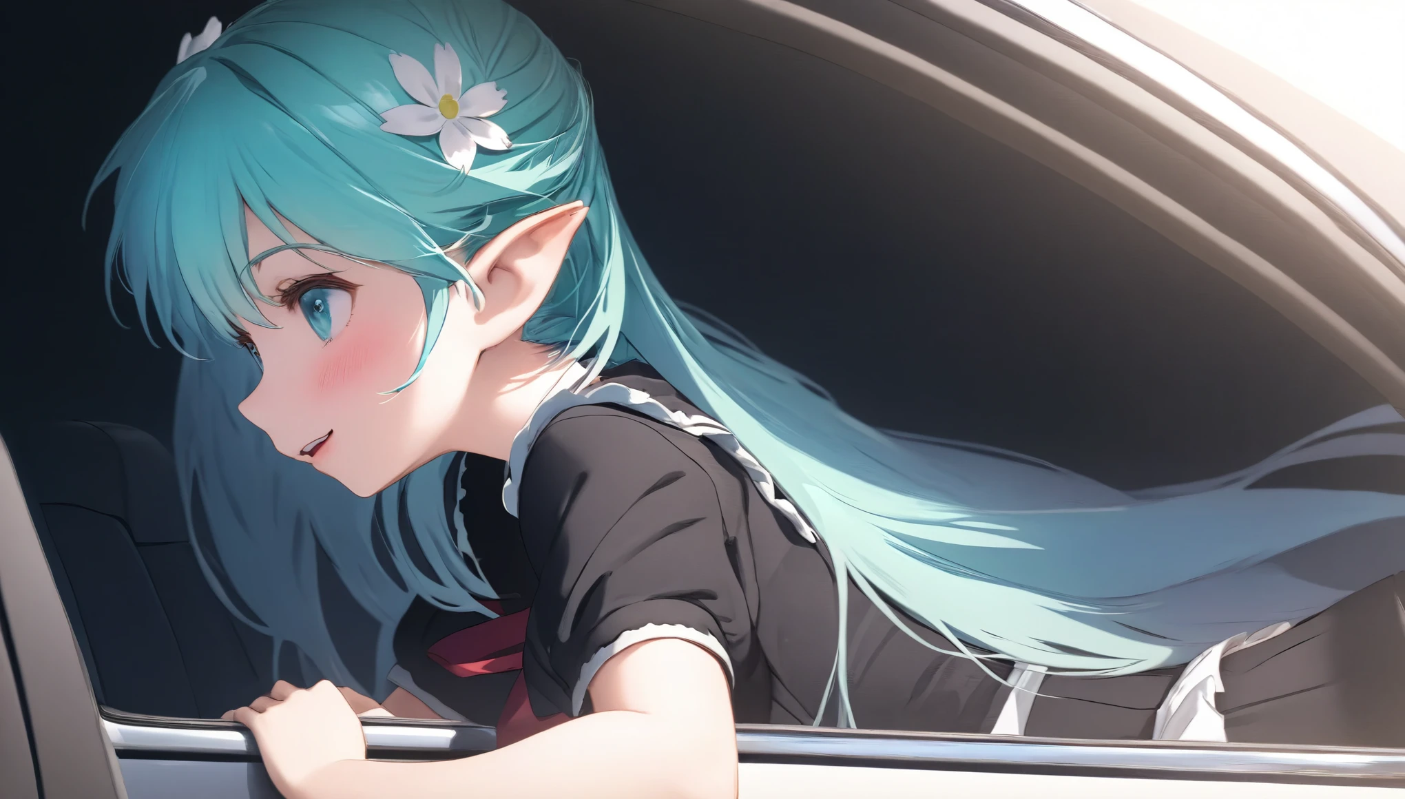  (masterpiece, best quality), 1 elven girl, ( bear breasts, thigh),  (light blue hair, twin tails ,very long hair is fluttering in the wind), hair between eyes, multi colored hair,hair flower ornament ,(blush, smile, aqua eyes), open mouth, maid uniform,    
 (undone clothing),  (Open the front of the maid uniform chest very wide), large breasts, pointed ears, ((look from the side ,profile)),  (Cruising the highway in a car ) , (color of the car is white), ( the car has 2 seats), (seating in the left seat in the car),  Palm trees line the shoreline 