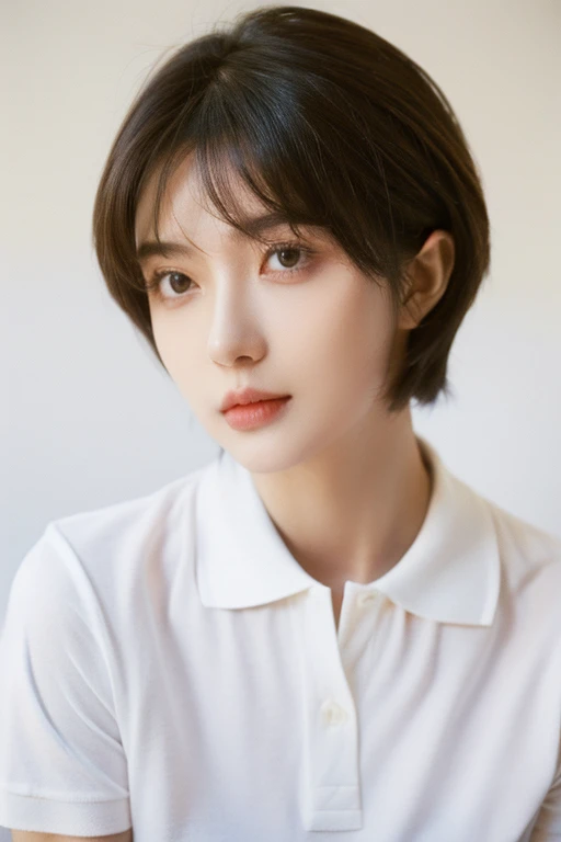Short-haired beauty with white POLO shirt T-shirt and exquisite facial features