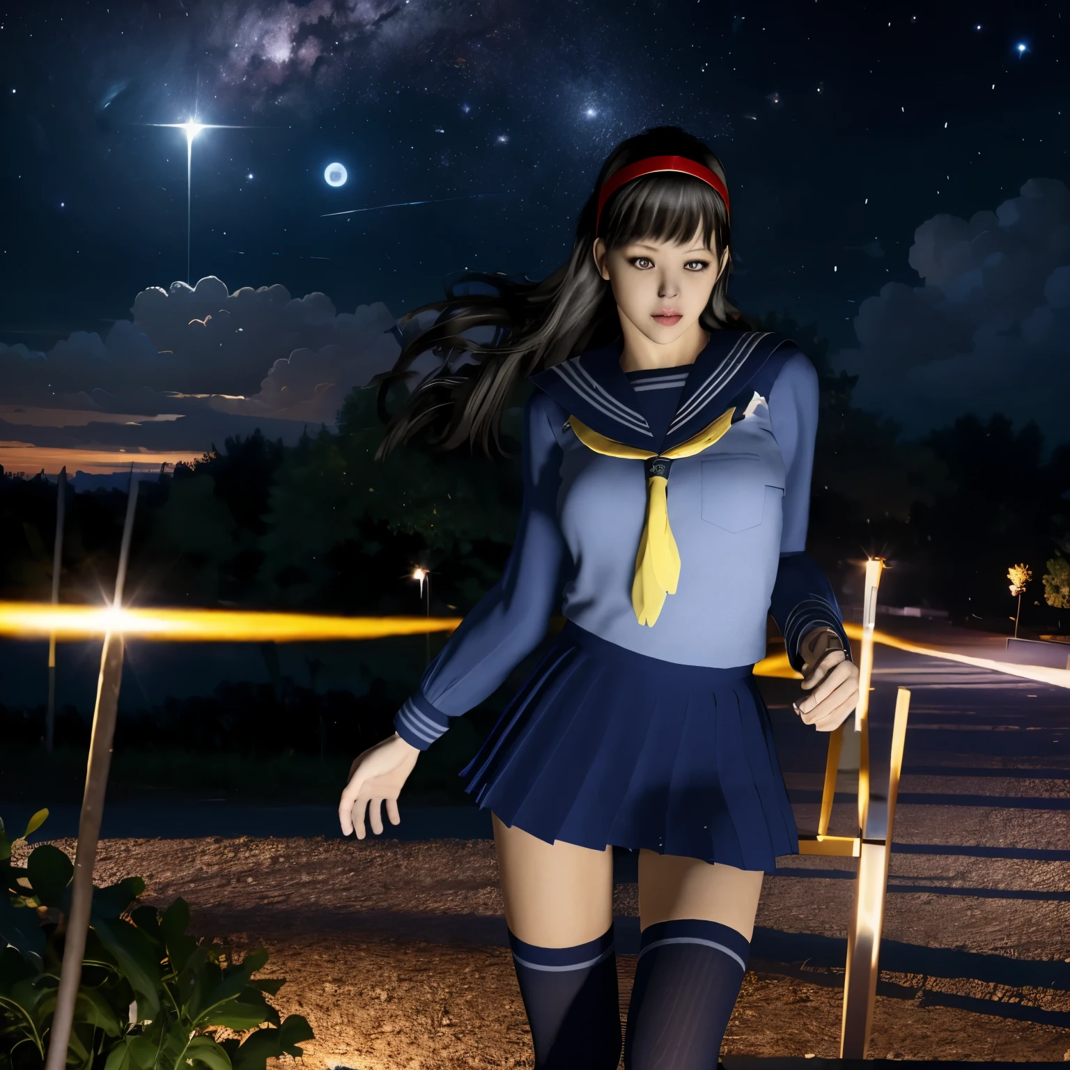 (8K, highest quality, masterpiece:1.2), (realistic, photo-realistic:1.37), Super detailed,highest quality, ultra high resolution, professional lighting, photon mapping, radio city, Physically based rendering, cinematic lighting, midnight road,Depth of written boundary, sharp focus, light, good composition,(beautiful thighs) 1 girl,alone,(whole body), ((high school girl sailor suit、navy knee socks)),fine and beautiful eyes, temporarily stop, tight waist,Japanese high school girl, black hair,messy hair,long hair fluttering in the wind,(Ulzzang-6500:1.2) mix 4, 