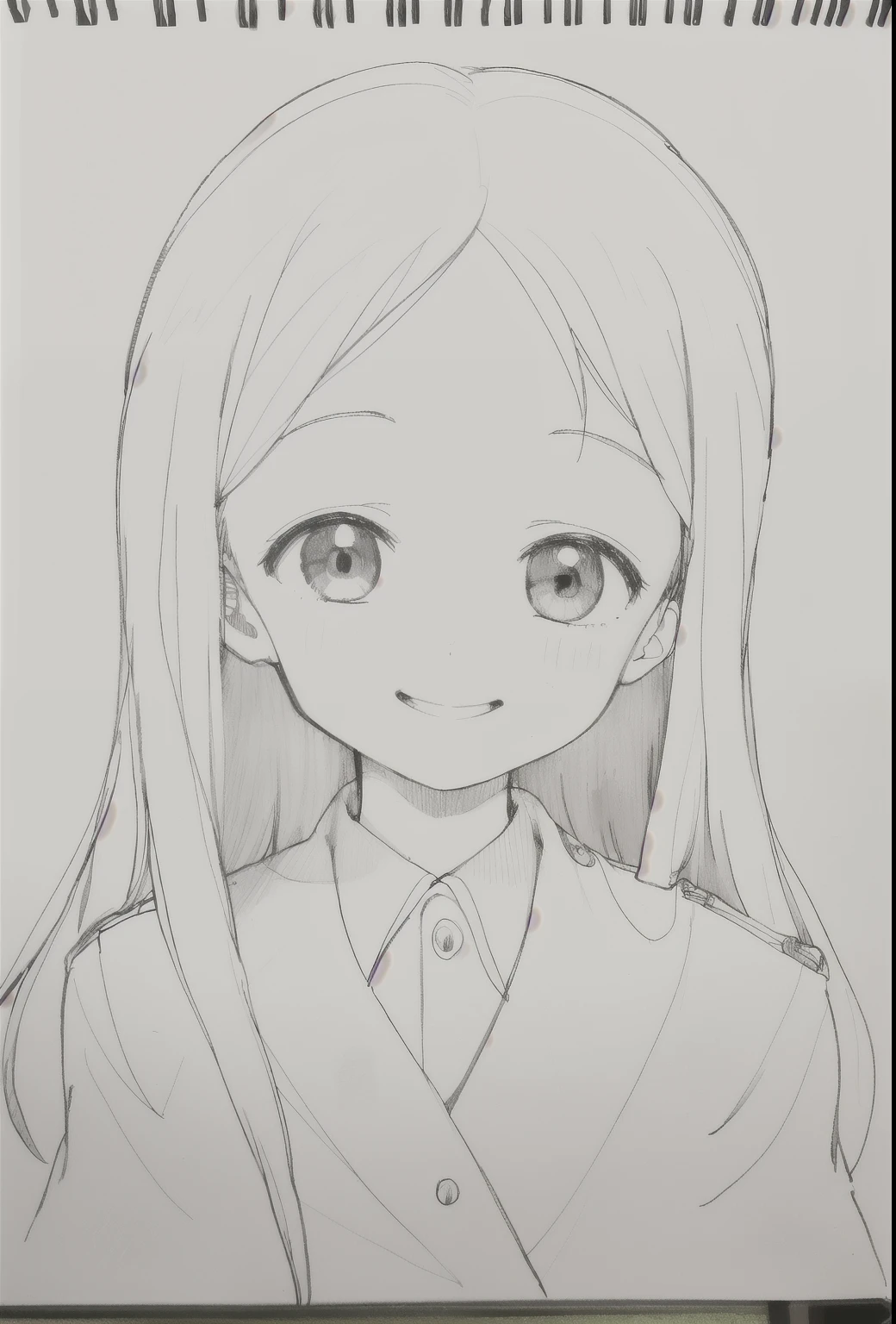 1 ,draw line,monochrome,(sketch:1.5、pattern、pencil drawing:1.5、drawing board:1.5),traditional media, upper part of body,look up,cold background ,(Uniforms) , alone、( alone),beautiful portrait、look up、Smile,long hair