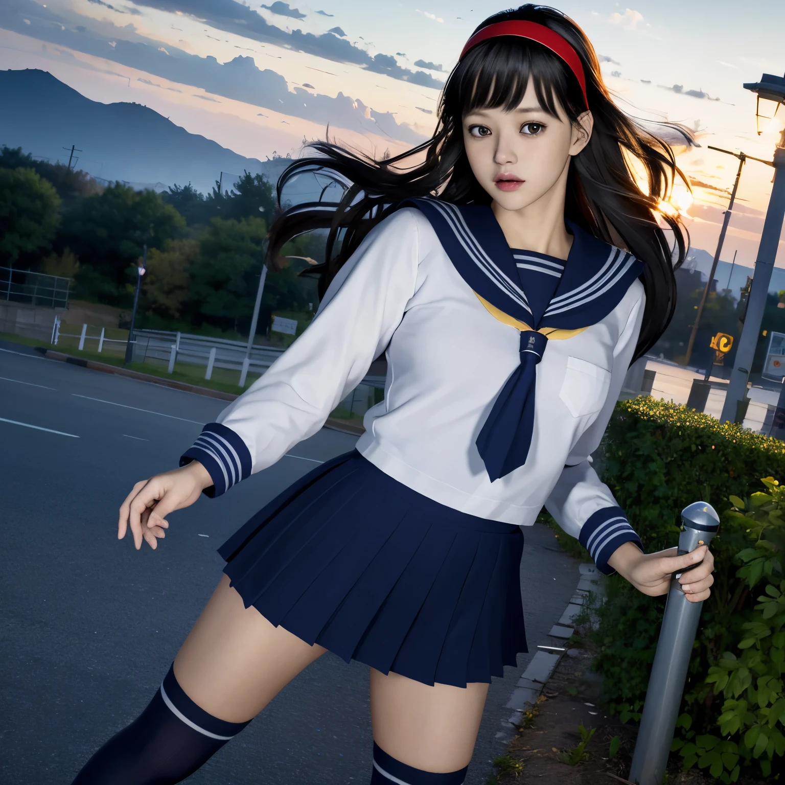 (8K, highest quality, masterpiece:1.2), (realistic, photo-realistic:1.37), Super detailed,highest quality, ultra high resolution, professional lighting, photon mapping, radio city, Physically based rendering, cinematic lighting, midnight road,Depth of written boundary, sharp focus, light, good composition,(beautiful thighs) 1 girl,alone,(whole body), ((high school girl sailor suit、navy knee socks)),fine and beautiful eyes, temporarily stop, tight waist,Japanese high school girl, black hair,messy hair,long hair fluttering in the wind,(Ulzzang-6500:1.2) mix 4,