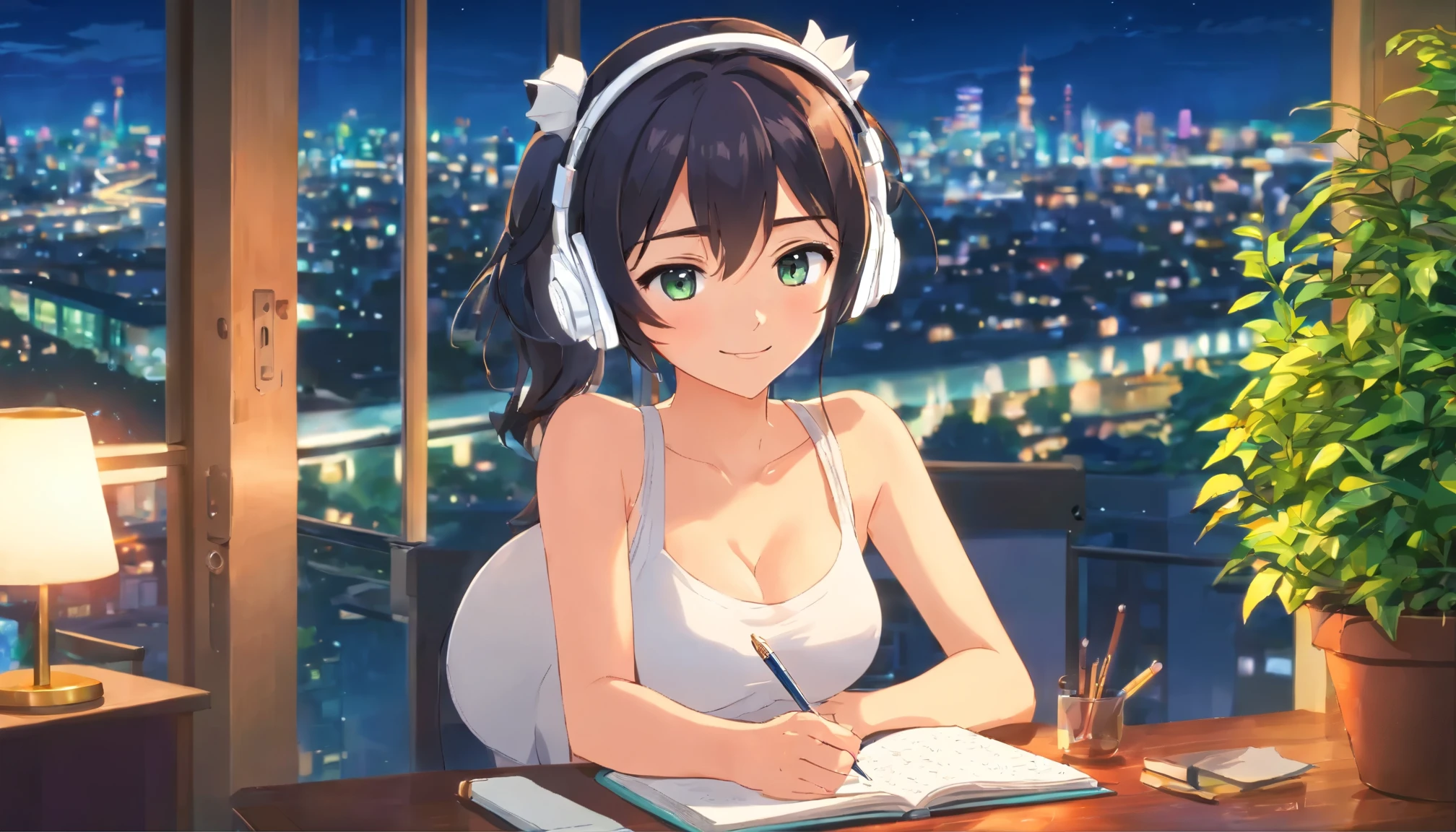 Anime girl with a slender yet feminine figure, (wearing white headphones:1.4), smiling, sitting on a chair, (writing a diary:1.4), holding a pen in her right hand, her left elbow bent with hand slightly raised not holding a pen, short ponytail, black hair, 24 years old, wearing a white fitted and cropped camisole that exposes her midriff and reveals her shoulders and cleavage, (Exposed cleavage:1.3), big breasts G-cup, (revealing skin:1.5), lofi girl anime vibes, lofi artstyle, anime style 4k, anime aesthetic, nightcore, lofi feel, lofi art, anime art wallpaper 4k, anime wallpaper 4k, lofi vibes, surrounded by many potted plants and greenery, creating a soothing green and blue toned space, sitting at a neatly organized desk, a lighted candle on the table, Tokyo view, city view, with a view of a large caldera, at night, smile, anime style, Sony FE GM, masterpiece, best quality, 4K