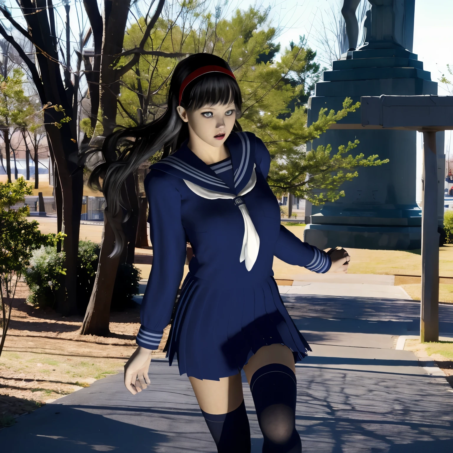 (8K, highest quality, masterpiece:1.2), (realistic, photo-realistic:1.37), Super detailed,highest quality, ultra high resolution, professional lighting, photon mapping, radio city, Physically based rendering, cinematic lighting, midnight road,Depth of written boundary, sharp focus, light, good composition,(beautiful thighs) 1 girl,alone,(whole body), ((high school girl sailor suit、navy knee socks)),fine and beautiful eyes, temporarily stop, tight waist,Japanese high school girl, black hair,messy hair,long hair fluttering in the wind,(Ulzzang-6500:1.2) mix 4,