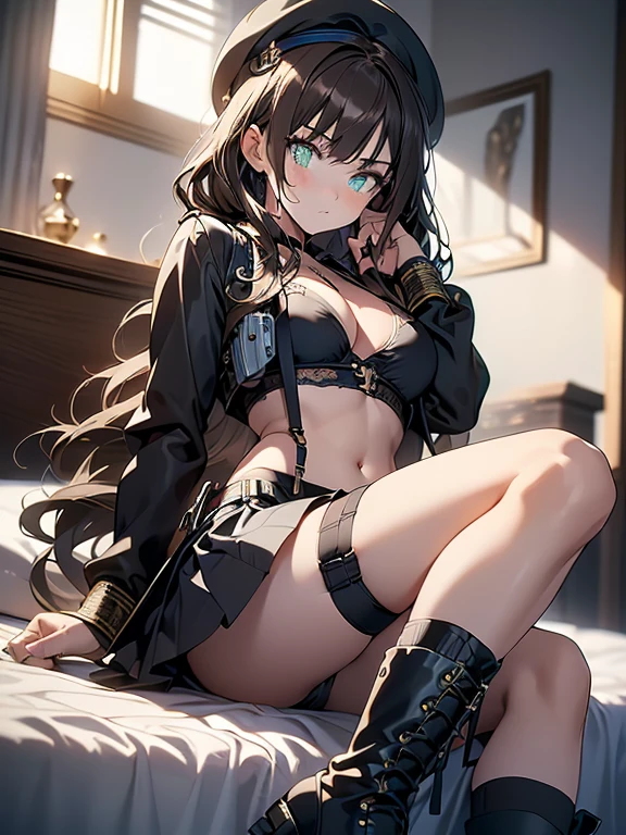 ubel,dark green hair,long hair,side ponytail,hair between eyes,bangs, (beret, black jacket, open clothes, cleavage, midriff, (Make the subject look three-dimensional with the contrast of light and shadow),Cute and beautiful 22yo girl,(masterpiece:1.2), best quality, high resolution, unity 8k wallpaper, (illustration:0.8), (beautiful detailed eyes:1.6), extremely detailed face, perfect lighting, extremely detailed CG, (perfect hands, perfect anatomy),Brown hair,watching at viewers,black suspenders,(Bulging ,big breasts:1.1),tacticul jacet,Black miniskirt,garters,Gaze,Small face,bangss,holster,Belt Armament,Beautuful Women srestrained,hands up,sitting Lying in bed,Leg holster ,Gaze,black boots,panty shot