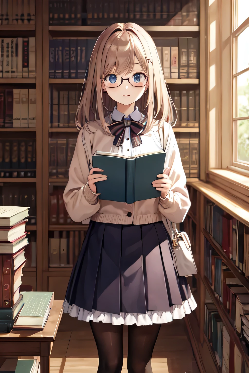 girl、library、Glasses、lots of books、cute、tights、skirt