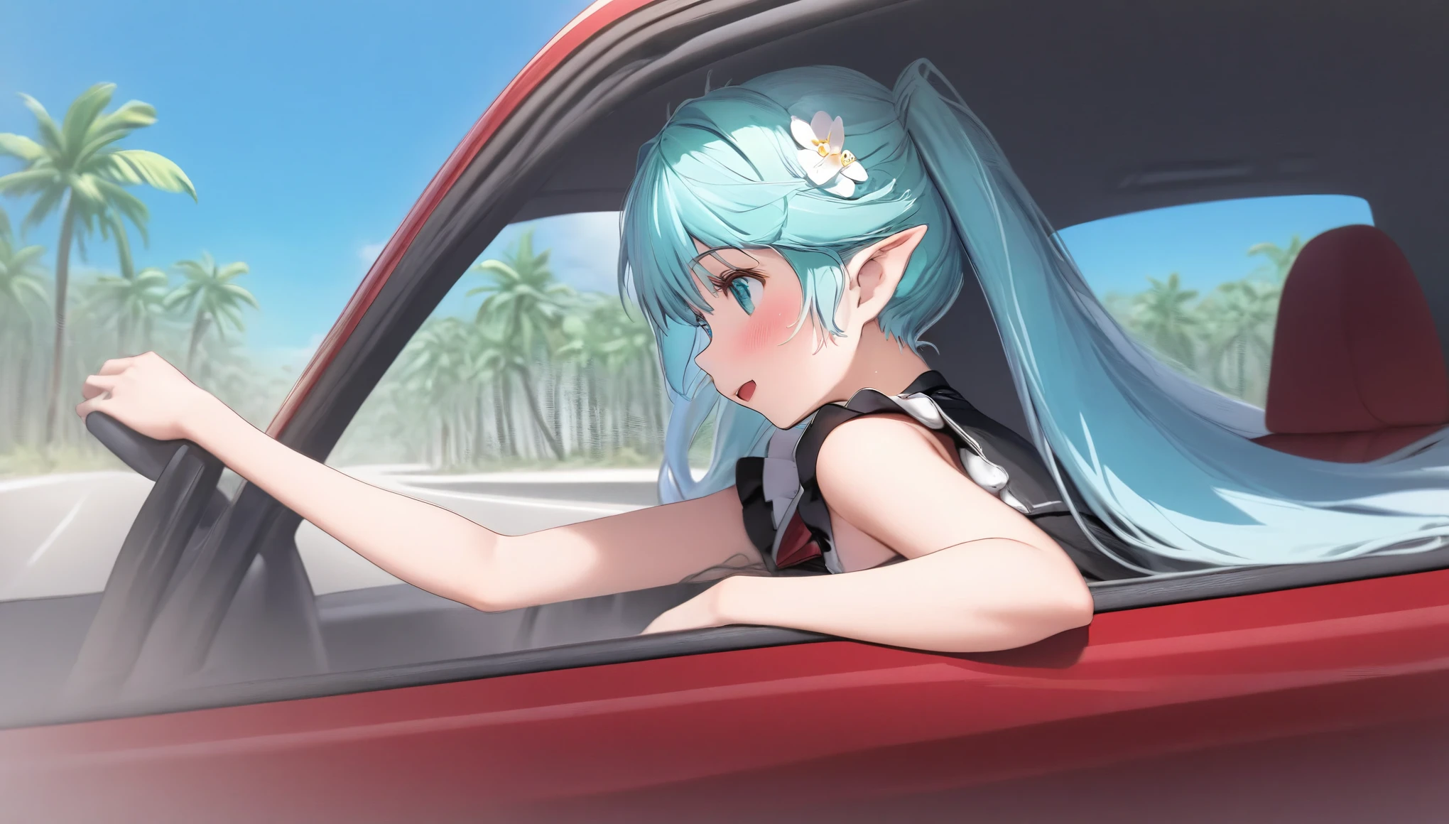 (masterpiece, best quality), 1 elven girl, ( bear breasts, thigh), (light blue hair, twin tails ,very long hair is fluttering in the wind), hair between eyes, multi colored hair,hair flower ornament ,(blush, smile, aqua eyes), open mouth, maid uniform,
(undone clothing), (Open the front of the maid uniform chest very wide), large breasts, pointed ears, ((look from the side ,profile)), (Cruising the highway in a car ) , (color of the car is white), ( the car has 2 seats), (seating in the left seat in the car), Palm trees line the shoreline