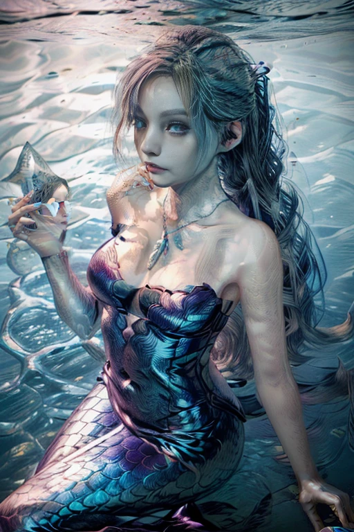 long hair shiny,mermaid under water swimming,mermaid ears, fish scales silver,sparkly scales,under water background,light reflection from above,fantasy,necklace,pearls shiny,pink,blue, orange,purple