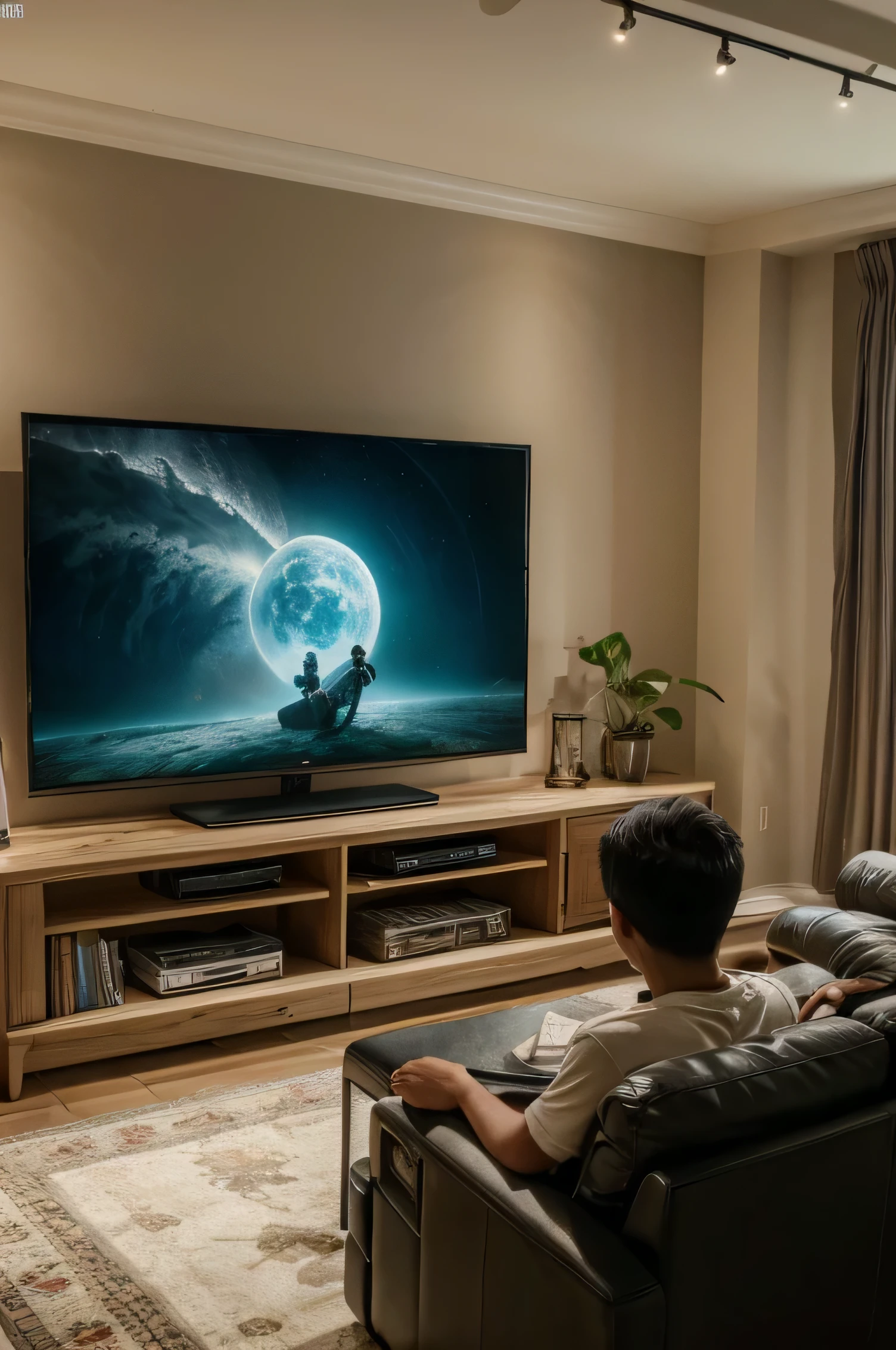 best quality, masterpiece,They are watching TV in the living room., 8k,Nvidia promotional pictures