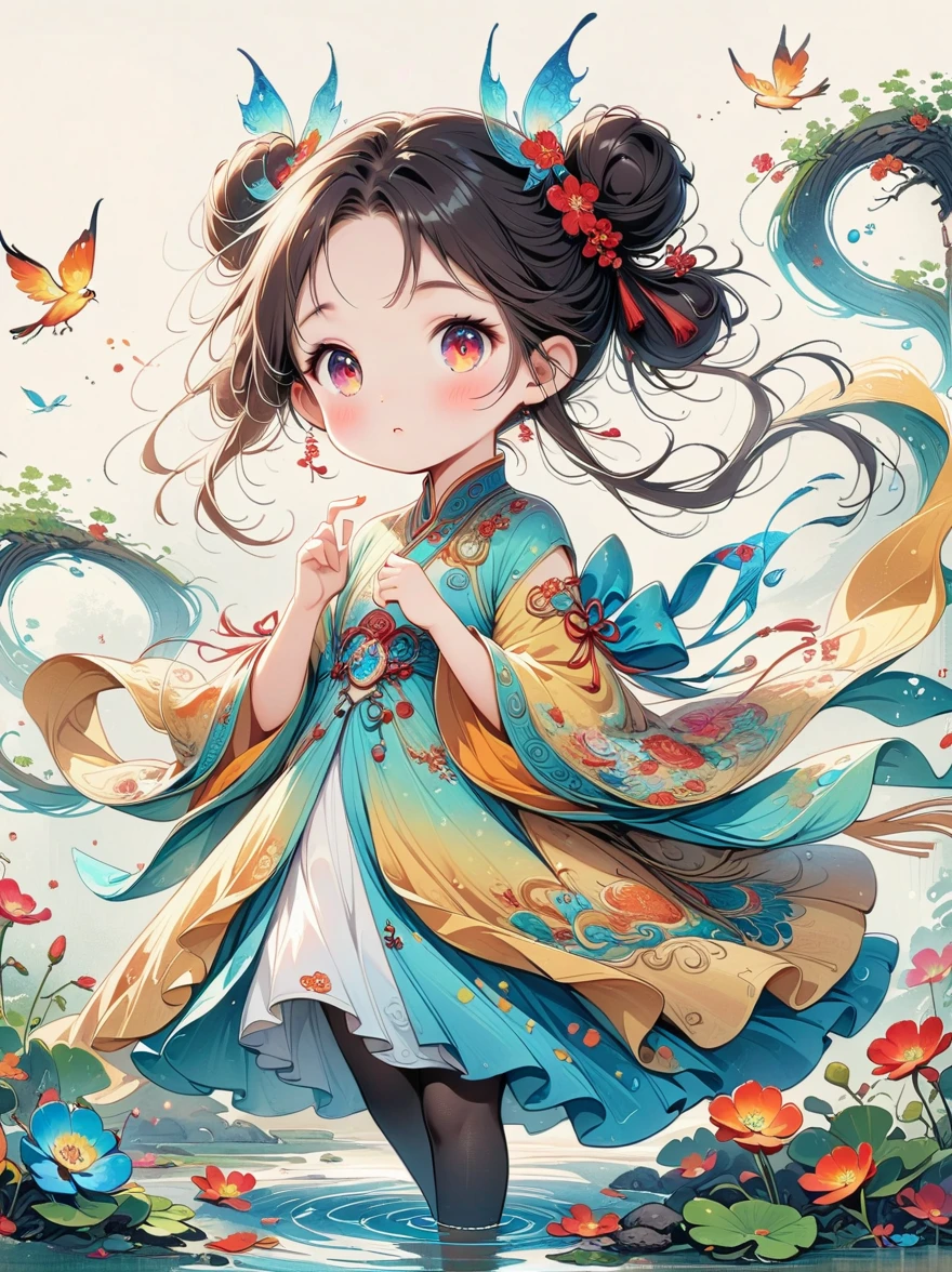Works of Chinese style masters,shining,dream色彩,art,Ethereal,dream,((美轮美奂的5 years old精灵???)),(((5 years old))),((solo)),cute,kawaii,Detailed facial features of a child,glowing eyes,Ethereal光辉,wonderland,(Little),((Bun hair bun)),composition,Dazzling colors,Stunning visual effects,otherworldly appearance,Fascinating artistry,(anatomically correct, 8k)