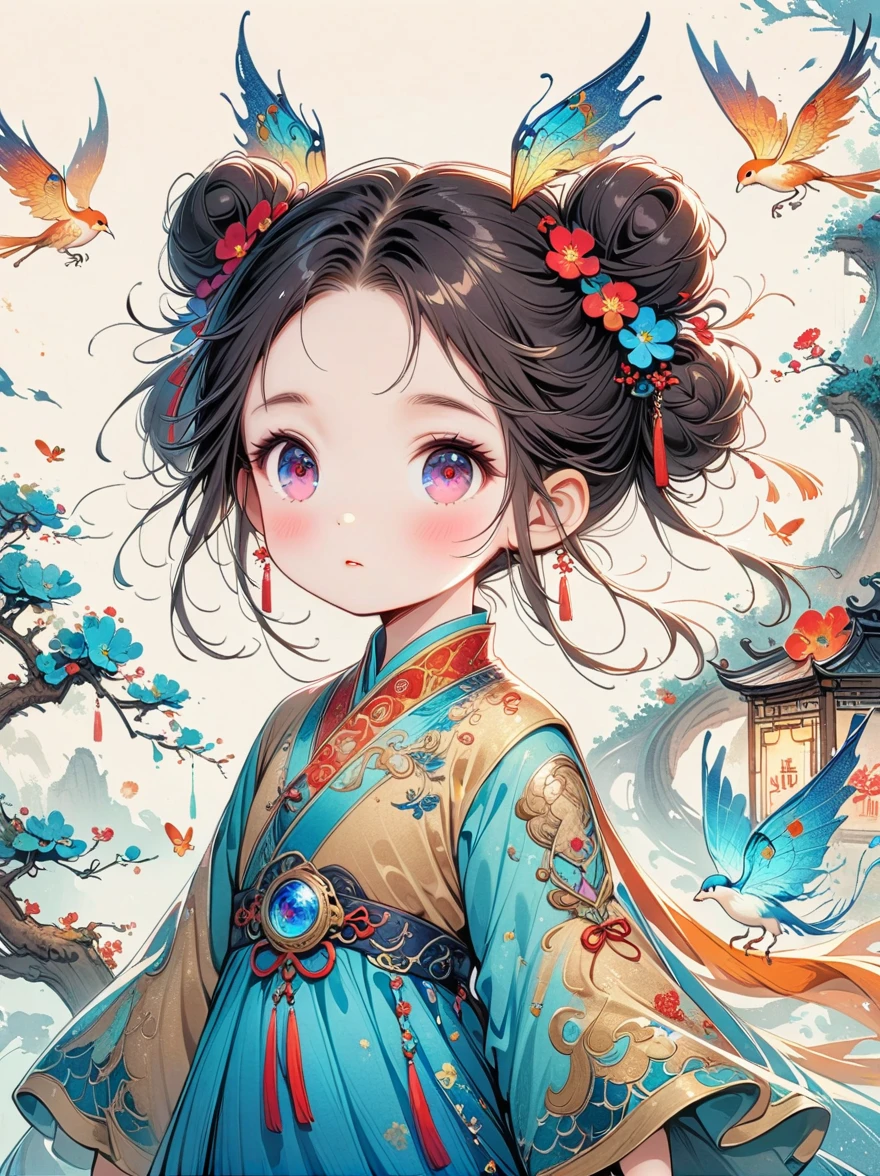 Works of Chinese style masters,shining,dream色彩,art,Ethereal,dream,((美轮美奂的5 years old精灵???)),(((5 years old))),((solo)),cute,kawaii,Detailed facial features of a child,glowing eyes,Ethereal光辉,wonderland,(Little),((Bun hair bun)),composition,Dazzling colors,Stunning visual effects,otherworldly appearance,Fascinating artistry,(anatomically correct, 8k)