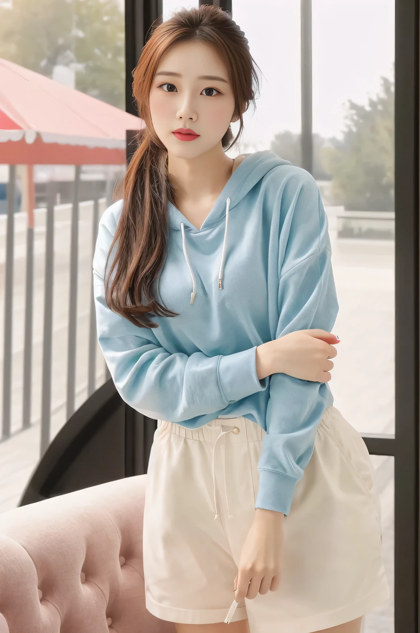 (8K, original photo, best quality, masterpiece), (actual, photo-actual:1.2), Super detailed, 1 girl, Lovely, alone, beautiful detailed sky, Detail of cafe, night, sitting, Dating, dose blush, Keep your mouth shut, beautiful and delicate eyes, wearing a hoodie, dolphin shorts, medium build, flowing hair, long blue hair, girl, feminine, pink eyes, Ultra-fine details, Complex scenes, ambient light, soft light, elegant, symmetrical facial features, precise anatomy, anatomically correct girl, landscape, gossamer, ethereal, whole body, ponytail, Moderate, Moderate, Sensible, big breasts,