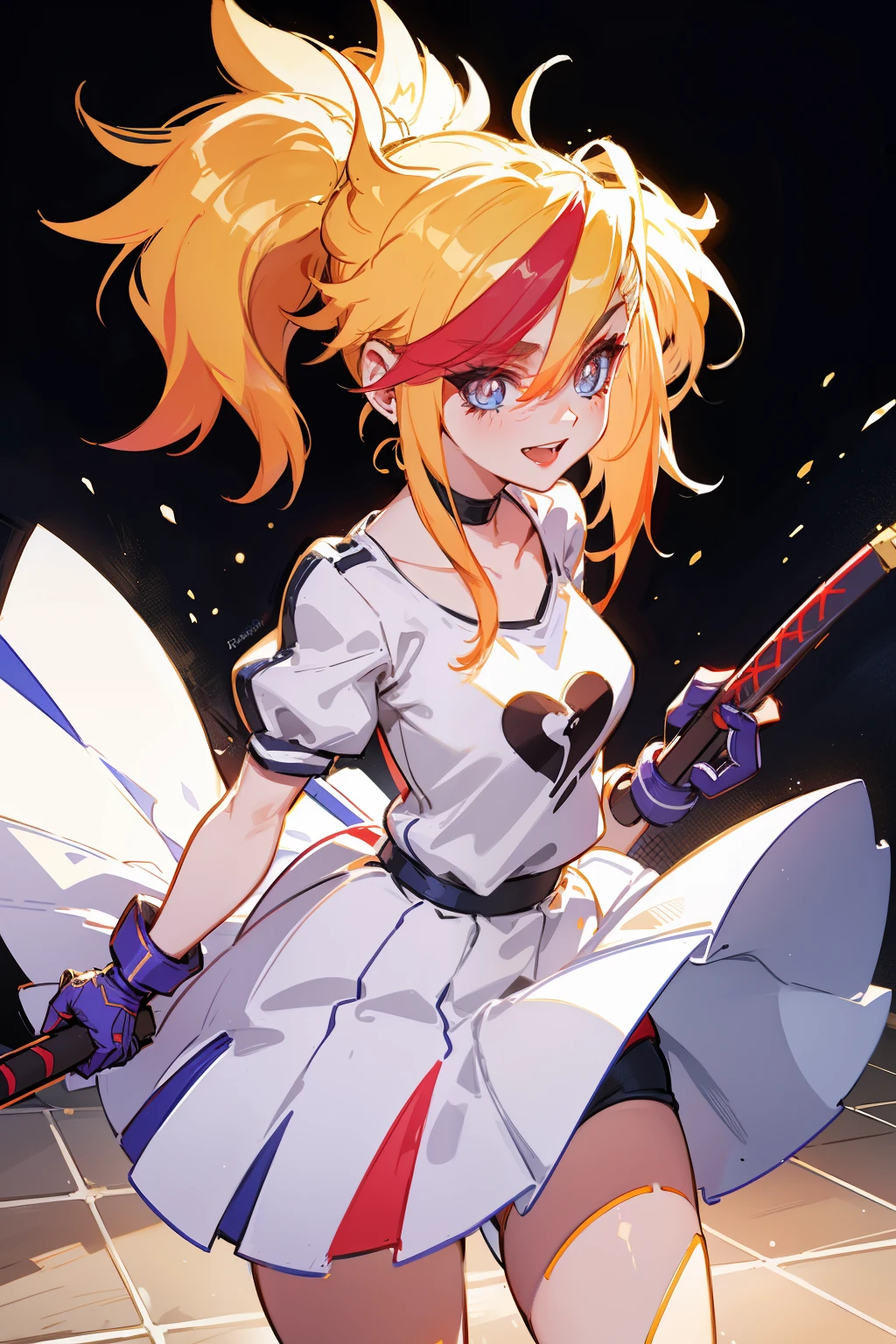Cheerleader, cute woman, holding down a katana, big smile, expressive, simple nightscape, confident smile, ultra detailed face, better quality, perfect eyes Blue, glowing eyes, long eyelashes, sharp eyes, ultra detailed face, ultra long hair, ultra detailed hair, ultra detailed hair strands, catwalk, walking down the streets, night, starry Sky, ultra detailed lips, Red lips, 