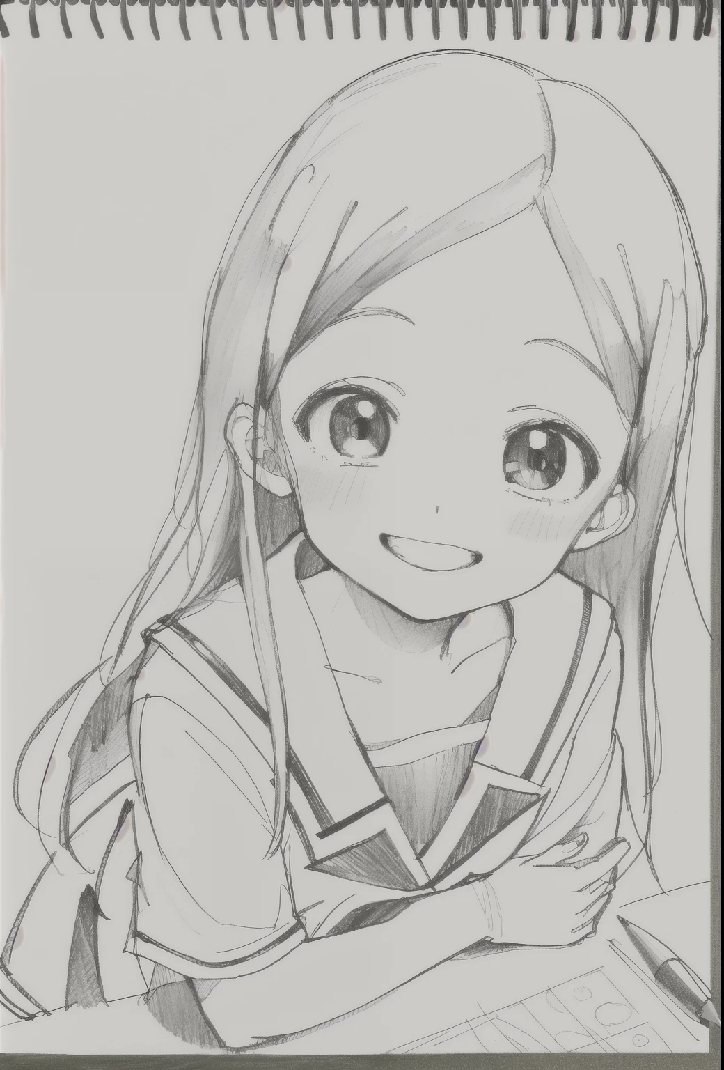 1 little girl,draw line,monochrome,（sketch:1.5、pattern、pencil drawing:1.5、drawing board:1.5）,drawing board，traditional media, upper part of body,look up,cold background ,(Uniforms) , alone、( alone),beautiful portrait、look up、Smile，long hair