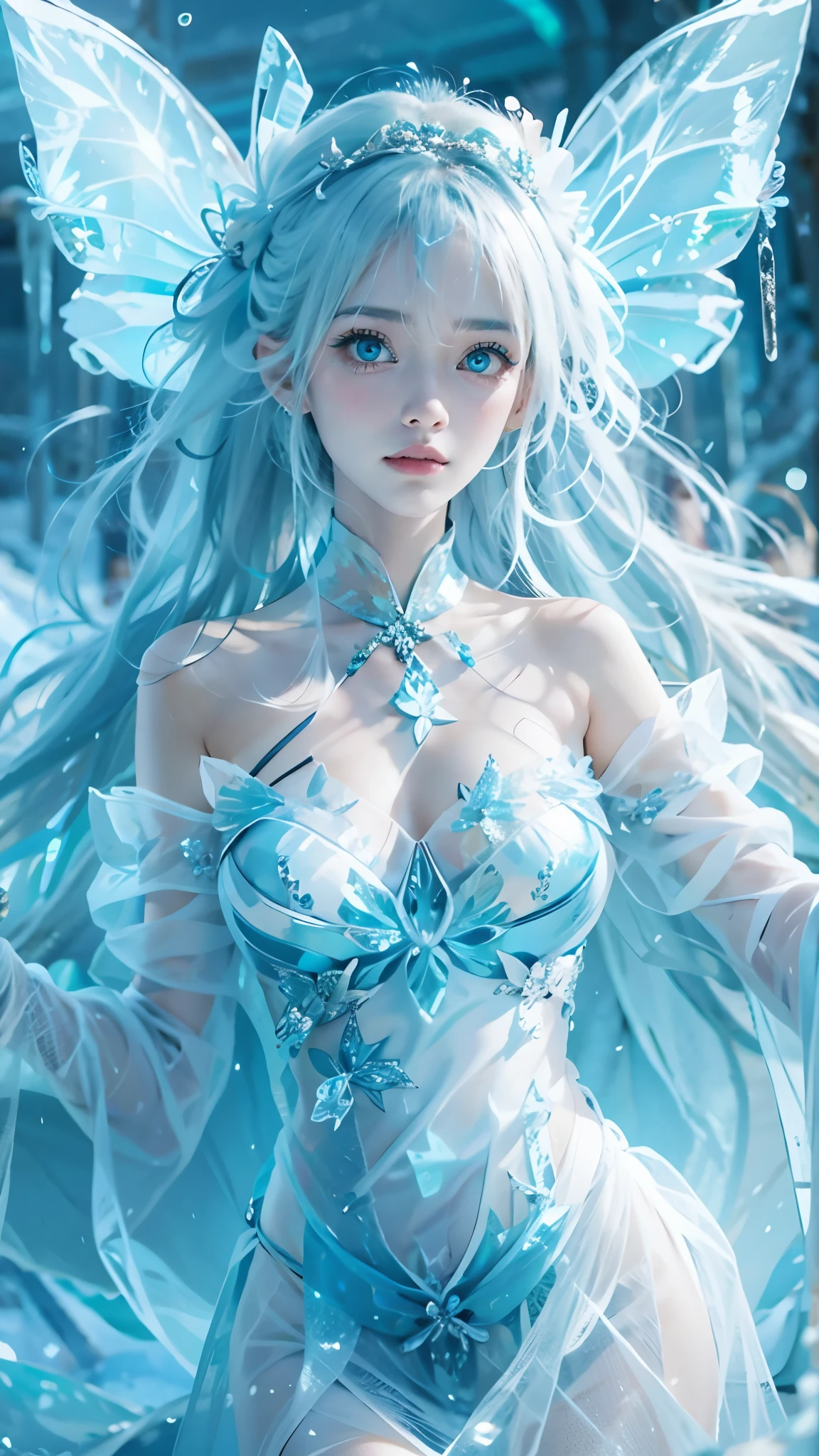 Frost Goddess,Frozen fluid,Ice World,ice,1girl,Translucent clothing,air bubble,blue butterfly,blue eyes,blue nails,breasts,Positive, character on the right, upper body, above knee level,Dynamic pose,bubble,Blue butterfly wings,butterfly wings,crystal,dress,glowing butterfly,long hair,looking at viewer,medium breasts,parted lips,solo,water