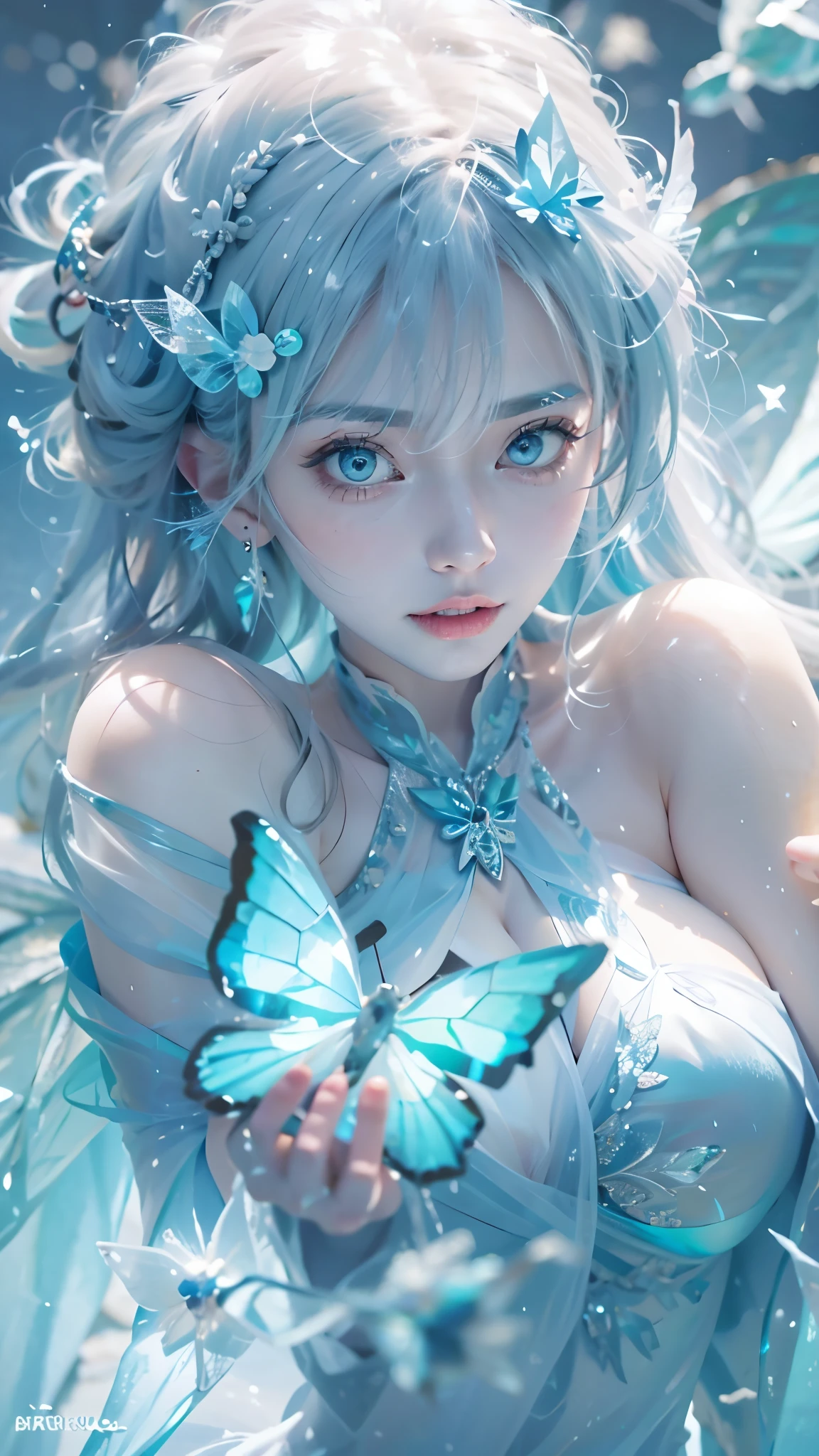 Frost Goddess,Frozen fluid,Ice World,ice,1girl,Translucent clothing,air bubble,blue butterfly,blue eyes,blue nails,breasts,Positive, character on the right, upper body, above knee level,Dynamic pose,bubble,Blue butterfly wings,butterfly wings,crystal,dress,glowing butterfly,long hair,looking at viewer,medium breasts,parted lips,solo,water