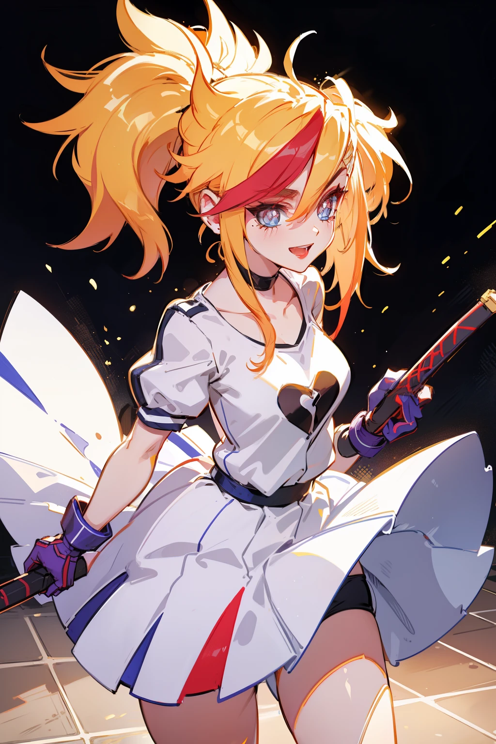 Cheerleader, cute woman, holding down a katana, big smile, expressive, simple nightscape, confident smile, ultra detailed face, better quality, perfect eyes Blue, glowing eyes, long eyelashes, sharp eyes, ultra detailed face, ultra long hair, ultra detailed hair, ultra detailed hair strands, catwalk, walking down the streets, night, starry Sky, ultra detailed lips, Red lips, 