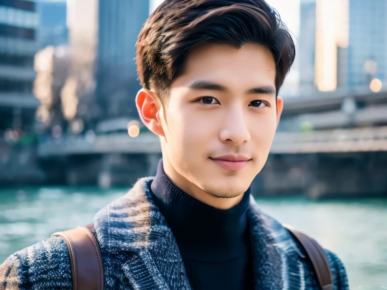 Realism, 8K full body portrait, a handsome guy, no beard.28 year old man,Wearing wool sweaters and jackets. charming expression, Detailed facial details, The background is the cherry blossoms blooming on both sides of the Meguro River.
