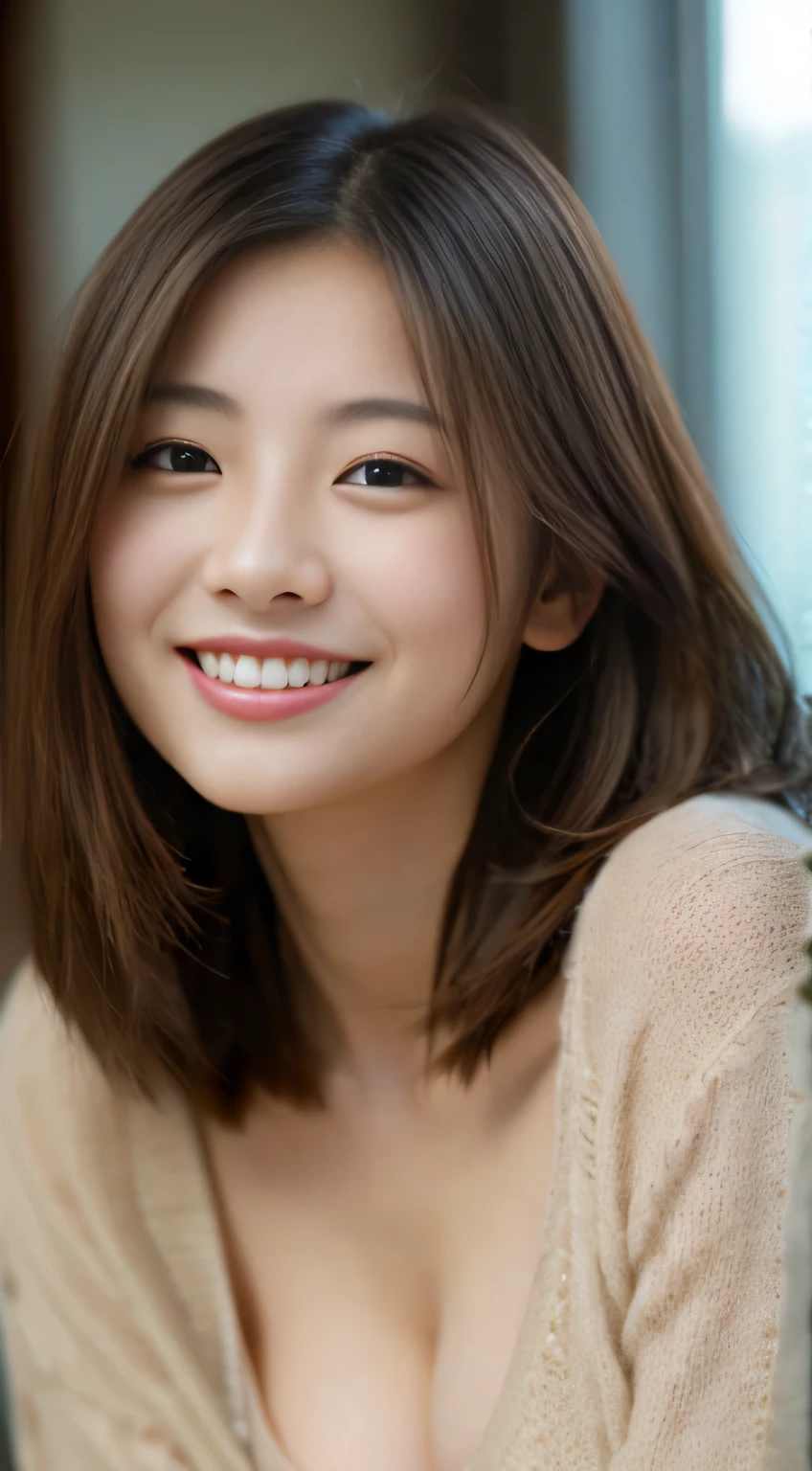 masterpiece,best quality,(Japanese ),((Beautiful girl)),cleavage,indoor,(perfect body beauty:1.2),(shy smile),beautiful teeth,