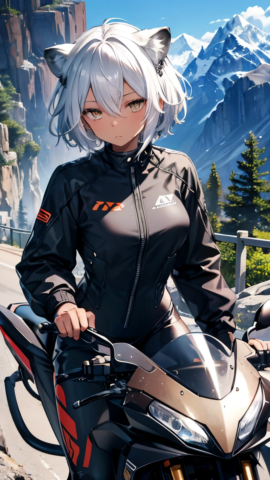 ,girl,best image quality,,silver hair,,Amber eyes,,sleepiness,short hair,sleeping habit,half eyes,,wet state,black skin,brown skin,Lion ears,mountain path,Get on a motorcycle,rider suit,Tattoo stickers