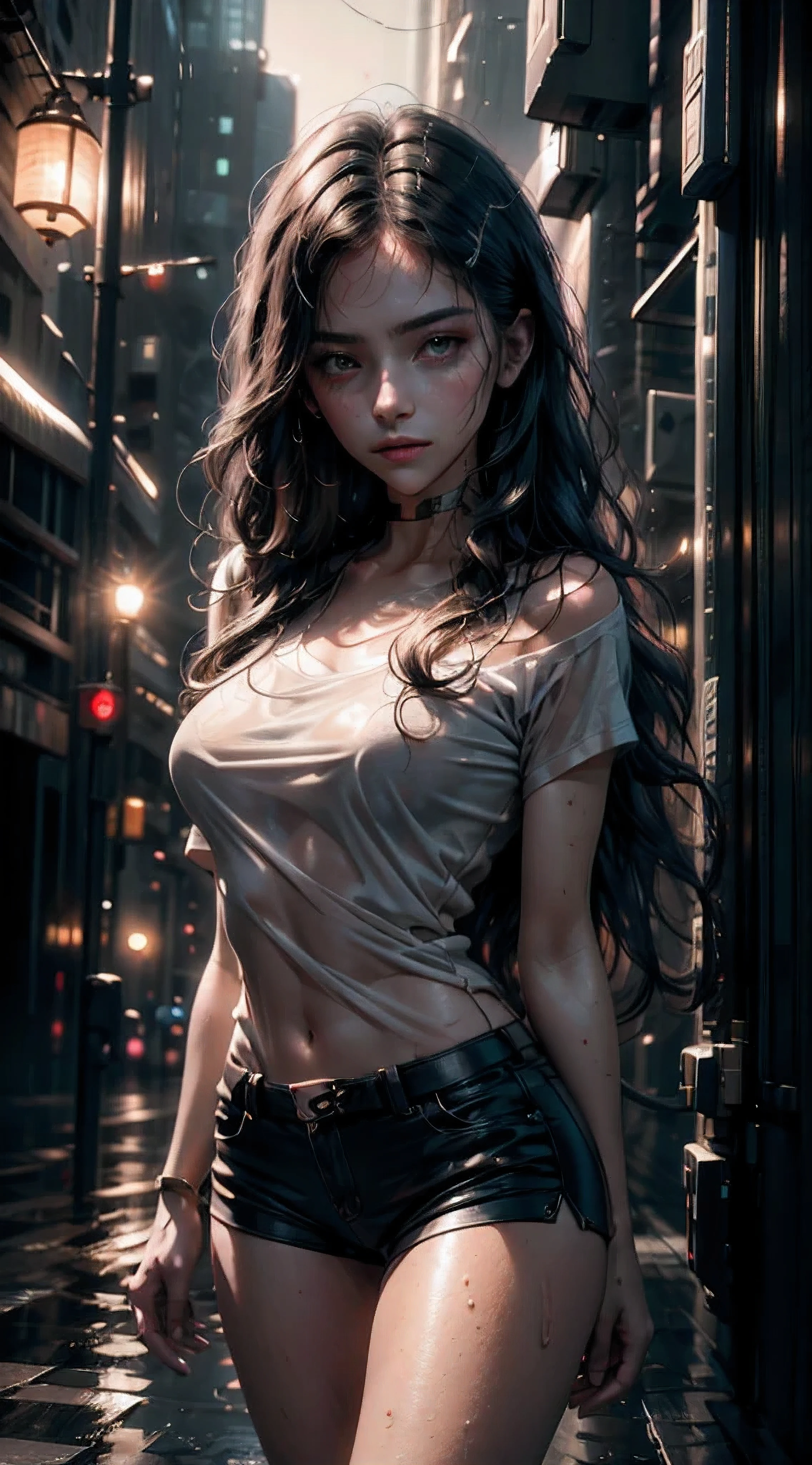 Beautiful woman with wavy hair, delicate and charming eyes, thigh notch, sexy long legs, t-shirt in small shorts, beautiful futuristic cyberpunk + city, mist, damp, rain, best quality masterpiece, realistic, detailed, 8k, HDR, shallow depth of field, wide light, high contrast, backlight, flood, flash, chromatic aberration, sharp focus, RAW color photo