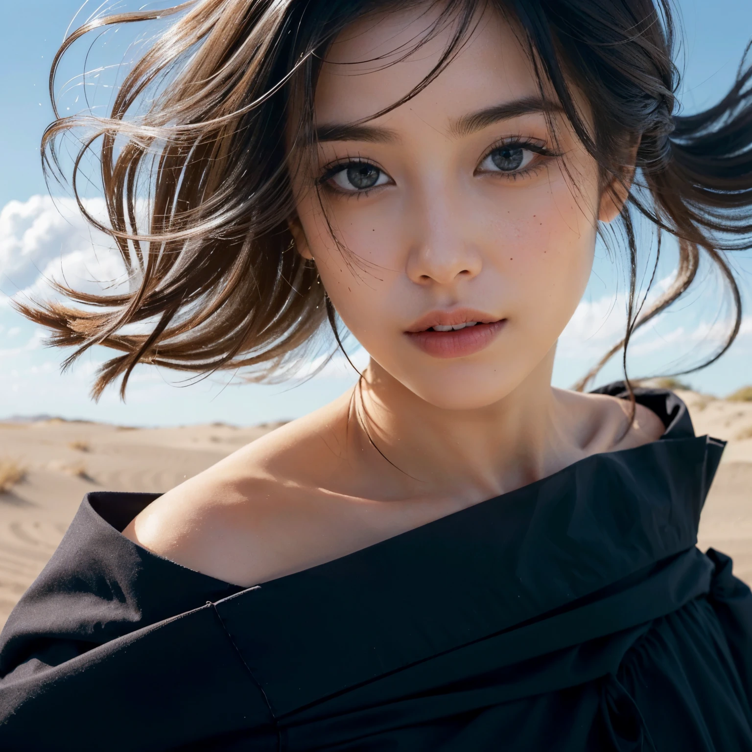 highest quality, masterpiece, ultra high resolution, (realistic:1.4), Raw photo, 1 girl, beautiful face、off shoulder, in the dark, deep shadow, discreet key, cold light, Where you can see the Telis cloud,dunes、Autumn clouds、(Woman in Black Dress)、High heels sink into the sand、A woman&#39;s long, curly hair fluttering in the wind、(Push the hair off one&#39;s forehead with one hand:2.2)、(dunesの稜線上を女性がこちらに向かって歩いてくる:2.0)、(eye contact)、(Fine clouds spread across the sky behind the woman:2.0)、(Close up of a woman from the waist up:2.0)、Lift your chin to look at us、slightly open your lips、