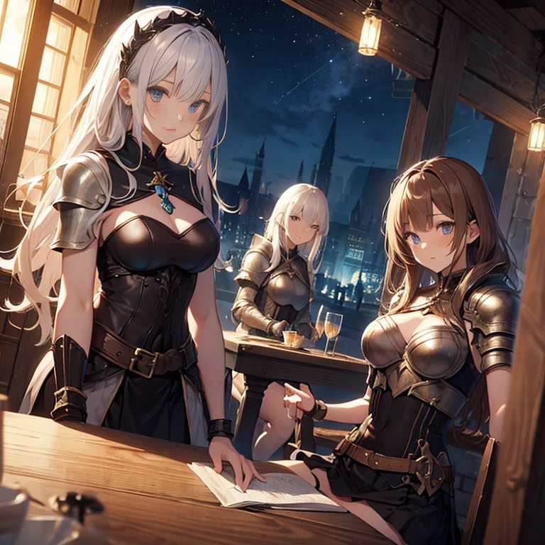 A group of  female medieval fantasy adventurers, (in tavern), various hair styles, harem, night, details face, short skirt, seducing, sleeveless, armor 