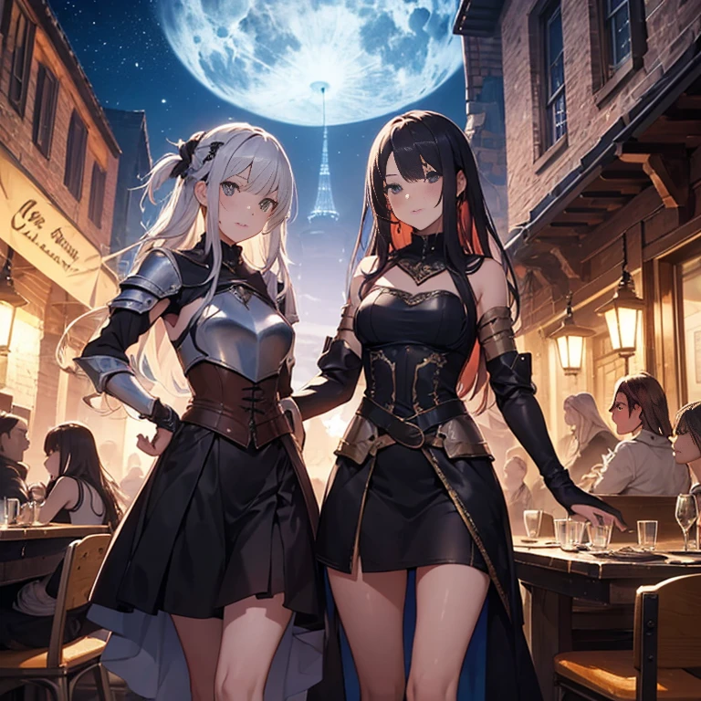 A group of female medieval fantasy adventurers, (in tavern), various hair styles, harem, night, details face, short skirt, seducing, sleeveless, armor