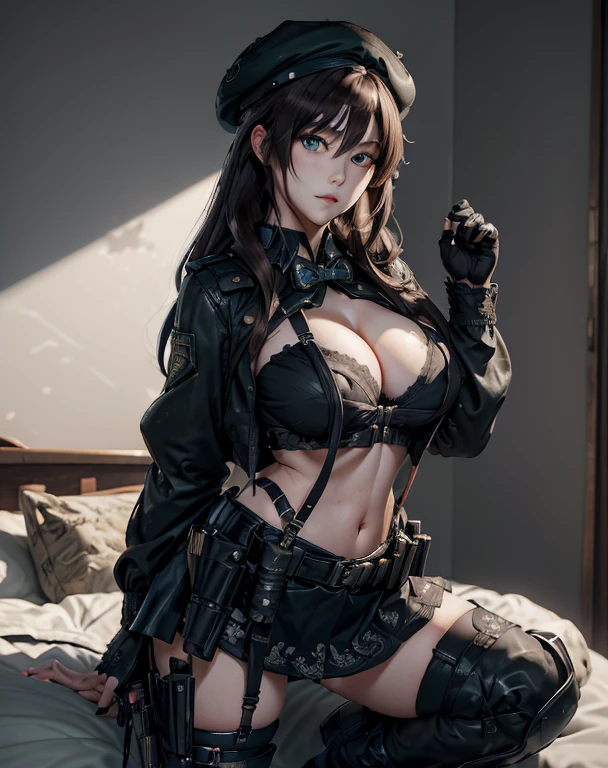 ubel,dark green hair,long hair,side ponytail,hair between eyes,bangs,  (beret, black jacket, open clothes, cleavage, midriff, (Make the subject look three-dimensional with the contrast of light and shadow),Cute and beautiful 22yo girl,(masterpiece:1.2), best quality, high resolution, unity 8k wallpaper, (illustration:0.8), (beautiful detailed eyes:1.6), extremely detailed face, perfect lighting, extremely detailed CG, (perfect hands, perfect anatomy),Brown hair,watching at viewers,black suspenders,(Bulging ,big breasts:1.1),tacticul jacet,Black miniskirt,garters,Gaze,Small face,bangss,holster,Belt Armament,Beautuful Women　srestrained,hands up,sitting Lying in bed,Leg holster ,Gaze,black boots,panty shot