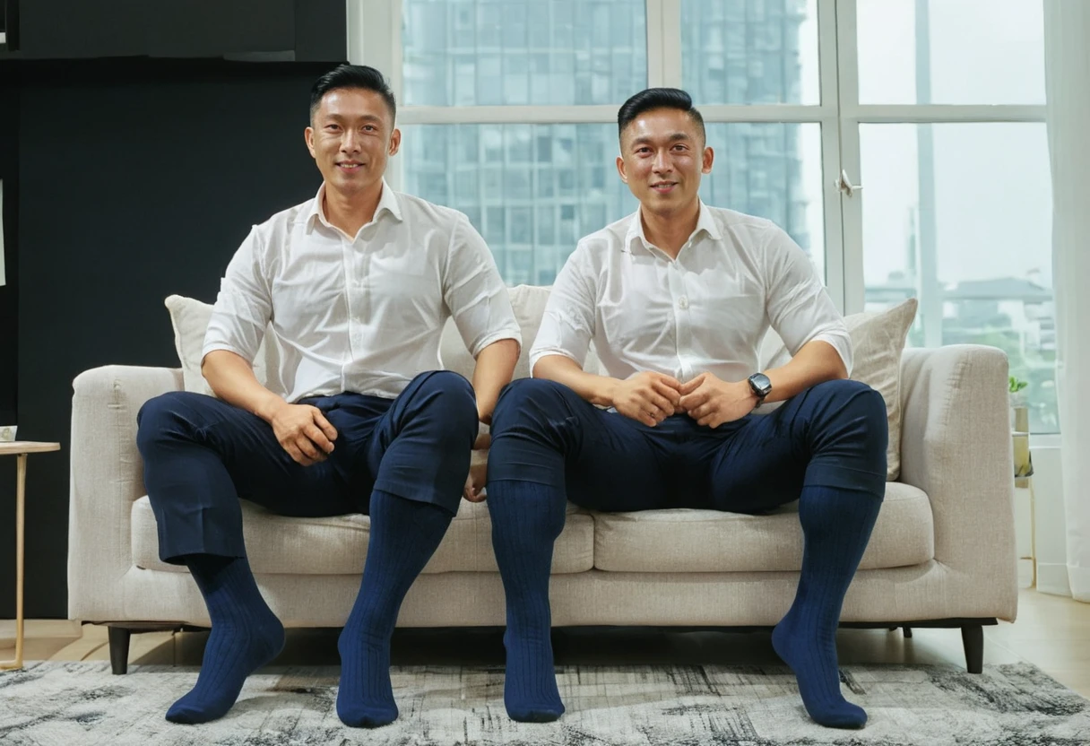 1man (Singapore, 40 years old, handsome and muscular, in white dress shirt and navy pants and black socks) and 1man (Malay, 20 years old, muscular chest and big arms, in light blue shirt and black pants and navy socks) sitting on a couch in modern apartment next to full length window. Cinematic still and highly detailed, cinematic lighting