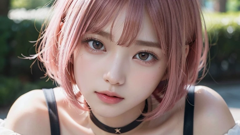 (bob cut hair, pink hair:1.2),(wearing a choker, wearing a blouse:1.2),1 girl,Japanese,21 years old,(small breasts:1.3),(highest quality,masterpiece:1.3,超A high resolution,),(Super detailed,caustics),(Photoreal:1.4,RAW shooting,)ultra-realistic capture,very detailed,High resolution 16K human skin close-up。 natural skin texture、,The pores are、、、Must be detailed enough to be easily identified。 Skin should look even-toned and healthy。 Use natural light and color, sad expression, look at the camera, perfect dynamic composition, outdoor