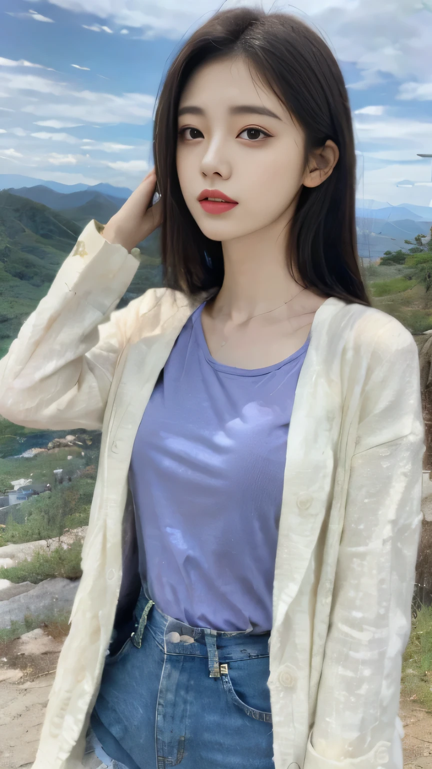 actual, High resolution, 1 girl, long hair, Korean,, loose white shirt, skinny denim shorts,, thigh, visible,