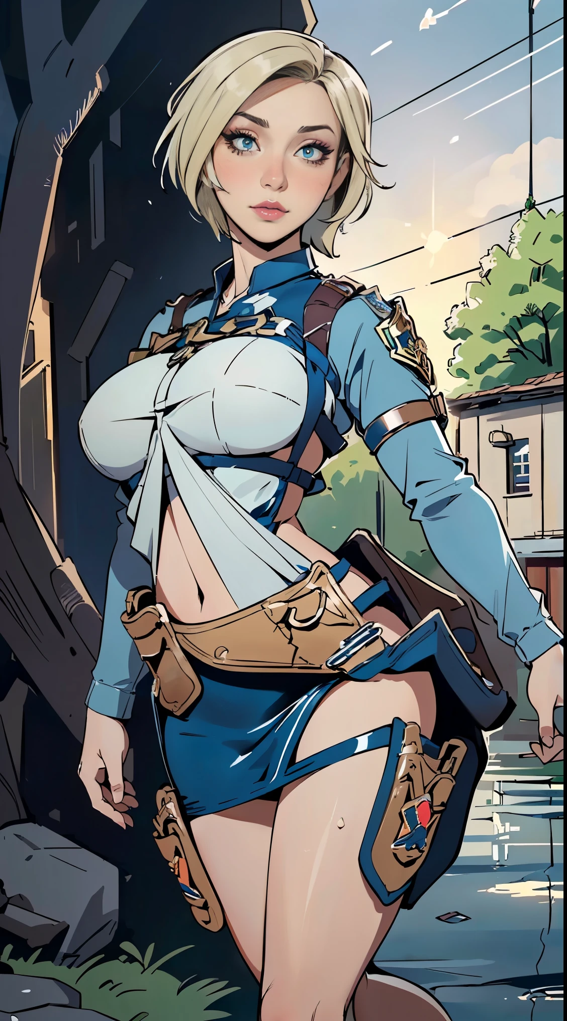 ((highest quality)),(ultra high resolution),(Super detailed),(detailed description),((best CG)),(best work of art),super precision art,great drawing art,(Art with precise details:1.5), (1 female police officer:1.8),(beautiful and well-shaped face:1.5),(Strong-willed eyes:1.5,(light makeup:1.6),(Moist body flaxen short hair:1.6),(Tight uniform:1.6),(tight mini skirt:1.4),(holster:1.5),(Beautiful leg lines:1.5), (Exquisite and detailed outdoor scenery:1.7),