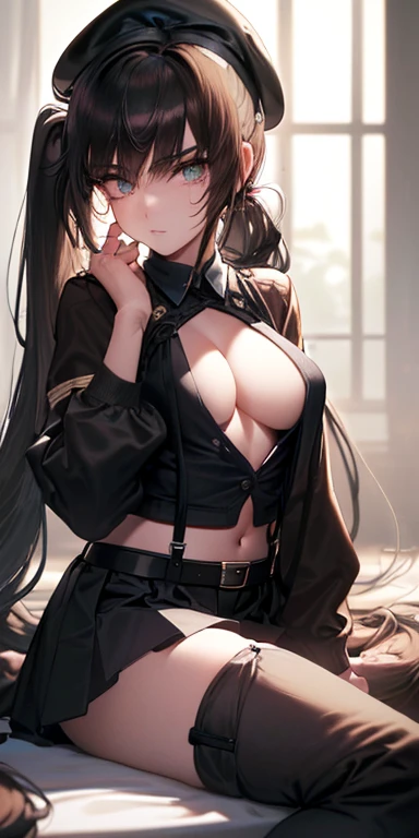 ubel,dark green hair,long hair,side ponytail,hair between eyes,bangs,  (beret, black jacket, open clothes, cleavage, midriff, (Make the subject look three-dimensional with the contrast of light and shadow),Cute and beautiful 22yo girl,(masterpiece:1.2), best quality, high resolution, unity 8k wallpaper, (illustration:0.8), (beautiful detailed eyes:1.6), extremely detailed face, perfect lighting, extremely detailed CG, (perfect hands, perfect anatomy),Brown hair,watching at viewers,black suspenders,(Bulging ,big breasts:1.1),tacticul jacet,Black miniskirt,garters,Gaze,Small face,bangss,holster,Belt Armament,Beautuful Women　srestrained,hands up,sitting Lying in bed,Leg holster ,Gaze,black boots,panty shot