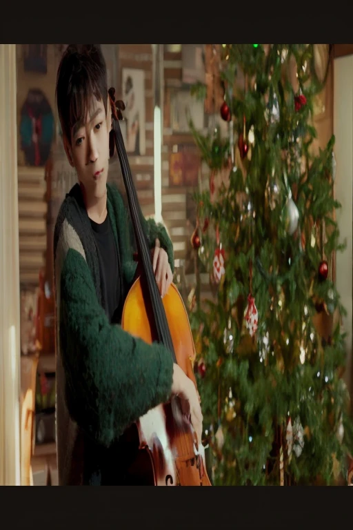 arafed young man playing Cello in front of a christmas tree, YouTube video screenshot, Cello, YouTube thumbnail, korean artist, yanjun chengt, Inspired by Kim Eung-hwan, Hengtai, Minami Zaiwa, Inspired by Han Yonghao, still from live action movie, Zheng Zhongyuan, musician