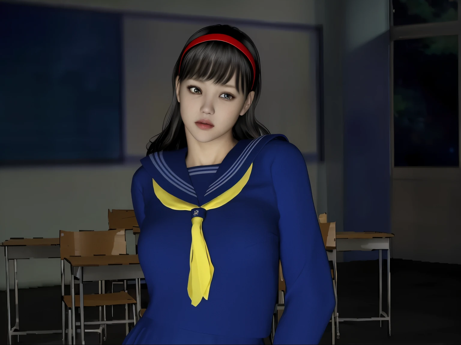 (8K, highest quality, masterpiece:1.2), (realistic, photo-realistic:1.37), Super detailed,highest quality, ultra high resolution, professional lighting, photon mapping, radio city, Physically based rendering, cinematic lighting, midnight road,Depth of written boundary, sharp focus, light, good composition,(beautiful thighs) 1 girl,alone,(whole body), ((high school girl sailor suit、navy knee socks)),fine and beautiful eyes, temporarily stop, tight waist,Japanese high school girl, black hair,messy hair,long hair fluttering in the wind,(Ulzzang-6500:1.2) mix 4,