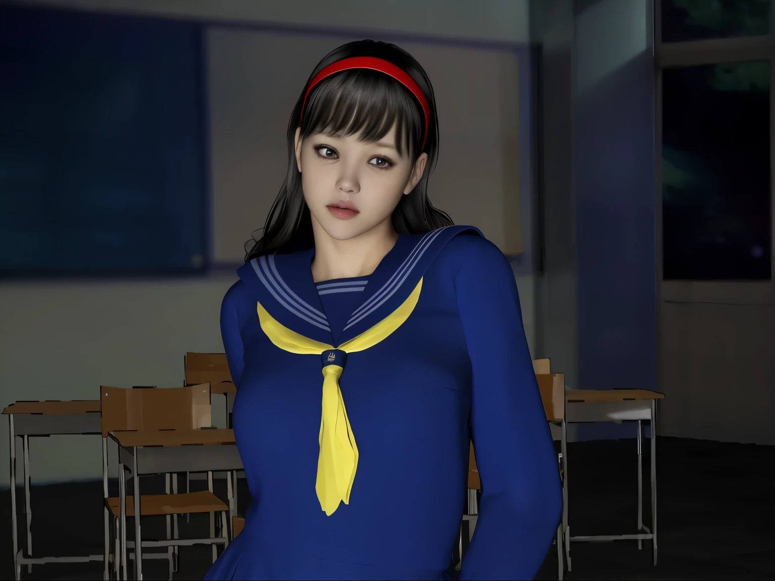 (8K, highest quality, masterpiece:1.2), (realistic, photo-realistic:1.37), Super detailed,highest quality, ultra high resolution, professional lighting, photon mapping, radio city, Physically based rendering, cinematic lighting, midnight road,Depth of written boundary, sharp focus, light, good composition,(beautiful thighs) 1 girl,alone,(whole body), ((high school girl sailor suit、navy knee socks)),fine and beautiful eyes, temporarily stop, tight waist,Japanese high school girl, black hair,messy hair,long hair fluttering in the wind,(Ulzzang-6500:1.2) mix 4, 
