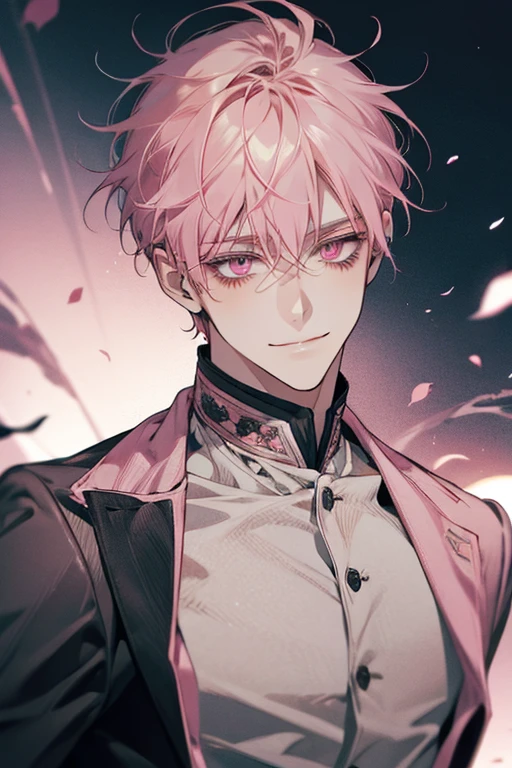 Handsome, solo, 1 male, short hair, pink hair, pink eyes, smile facial