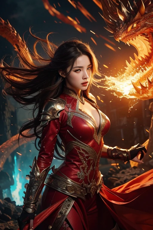 {{Masterpiece}}, Awesome rendering, Realistic display, การแสดงcolorแดงเข้ม, metal rendering, {{color ink painting}}}, {{splashing ink}}}, {{color}}, {{color}}, Spectacular display, best quality, illustration, flame, smoke, doomsday world, splashing ink fire sea doomsday, full body, 1 girl, Phoebe Cates' mixed face, big breast, deep rift, exquisite facial detailss, delicate facial features, Real face, beautiful detailss eyes, The pupils are deep., broken city detailss, beautiful detailss long hair, Wavy hair, broken details street, Transparent mechanical shaft, Cyborg girl, details, cool, tight grooming, lace decoration, Retouch costumes with linear lighting, Light Show, reflection, Highlights, holy light, ความconfident, charm, battle stance details close-up, fire day, {filigree}, colored background, The dragon stood behind the girl., Sea of Fire, {Tornado special effects}, beautiful detailss red dragon armor, (หน้าcool, confident) great depth, depth of field, 360° panorama, Fierce and beautiful battle scenes, broken glass, All fingers are hidden and not visible., small mouth closed
