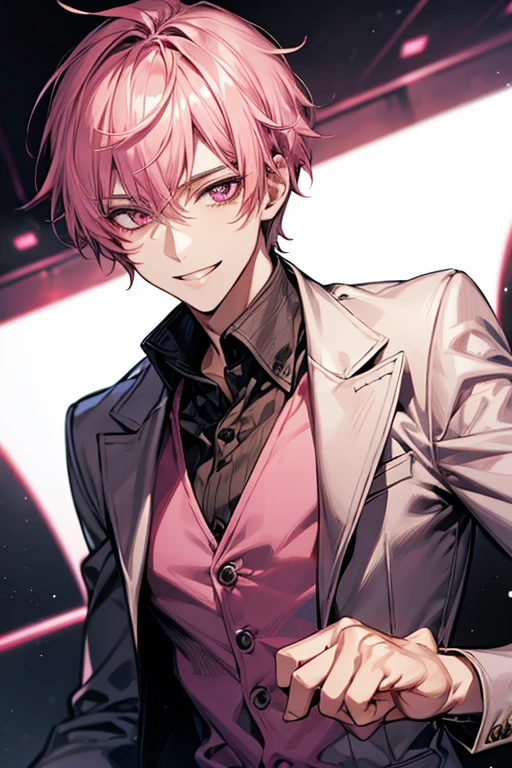 Handsome, solo, 1 male, short hair, pink hair, pink eyes, smile facial