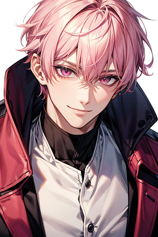 Handsome, solo, 1 male, short hair, pink hair, pink eyes, smile facial