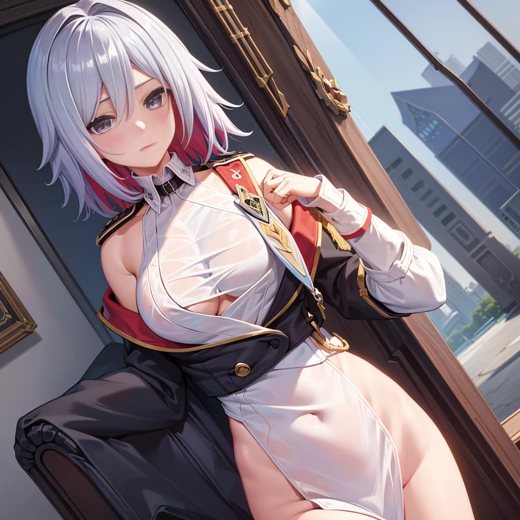 (Obra maestra, Calidad superior), 1 girl, NSFW, Uniforme de colegiala, bashful, jactarse, escote, sin bragas, escarpado, Centelleante, , falda transparente, blusa Show a little bra,Show some panties,
