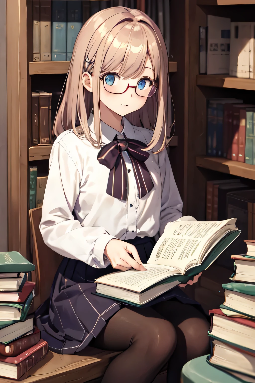 girl、library、Glasses、lots of books、cute、tights、skirt、reading a book